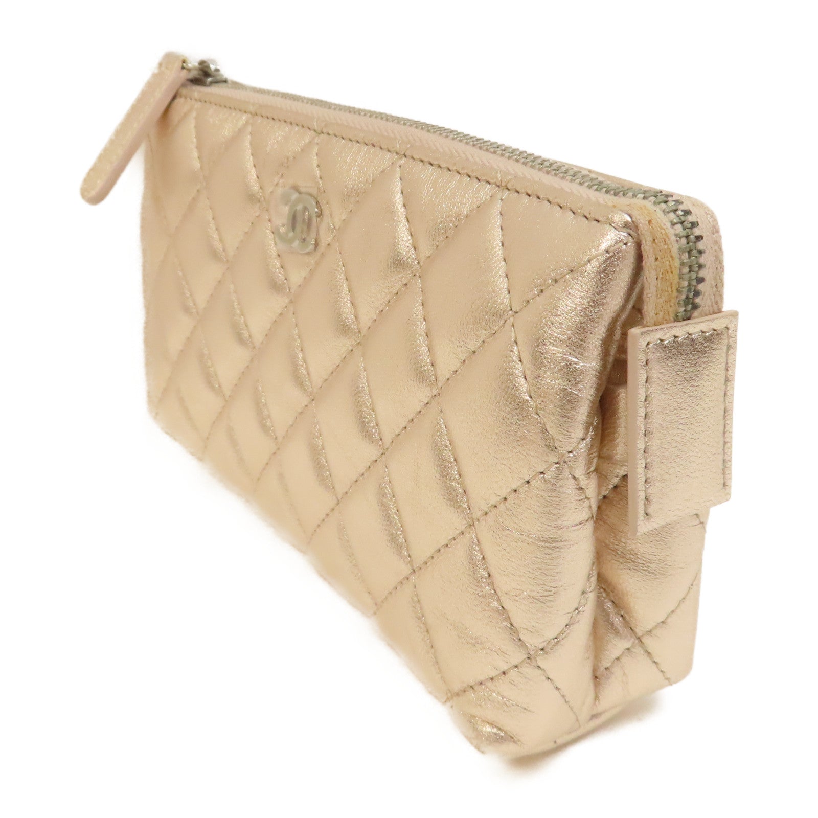 CHANEL 【激減優惠】菱格羊皮皮革Pouch銀扣手拿包金色