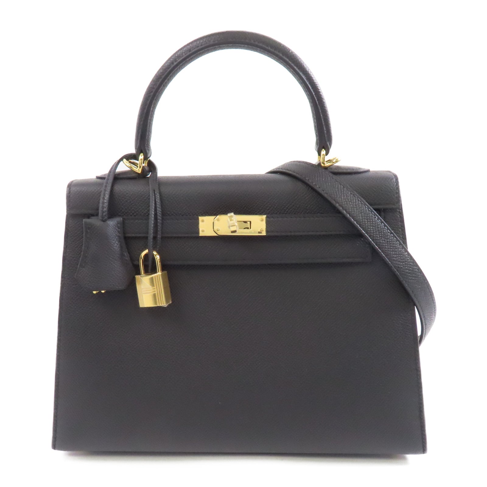 HERMES Epsom皮革Kelly 25金扣手挽肩背兩用袋Noir黑色