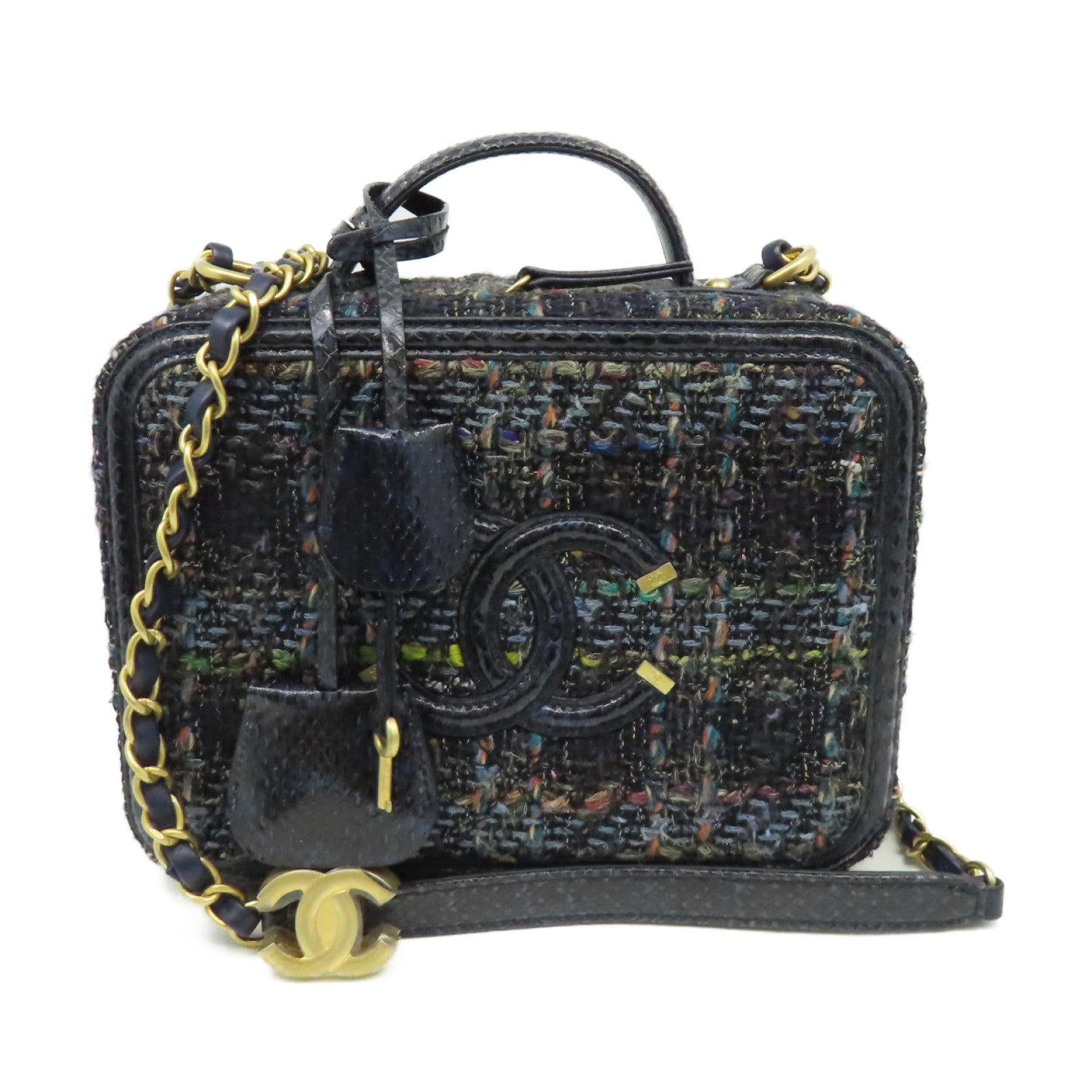 CHANEL 【激減優惠】斜紋軟呢/蛇皮皮革Vanity Case Medium 2Way Shoulder Bag金扣鏈帶手挽肩背兩用袋深藍色