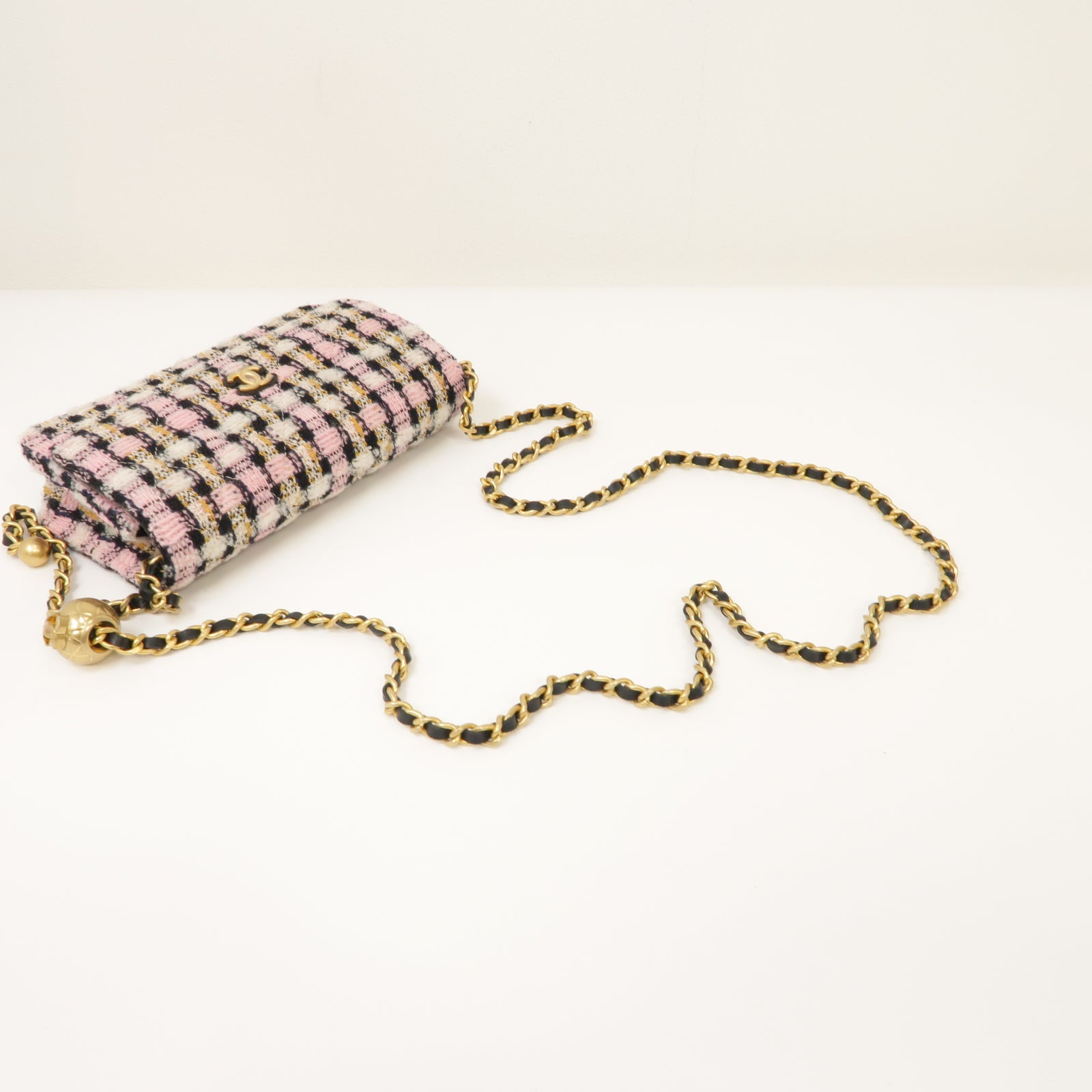 CHANEL 斜紋軟呢Chain Shoulder Bag金扣鏈帶肩背袋粉紅色