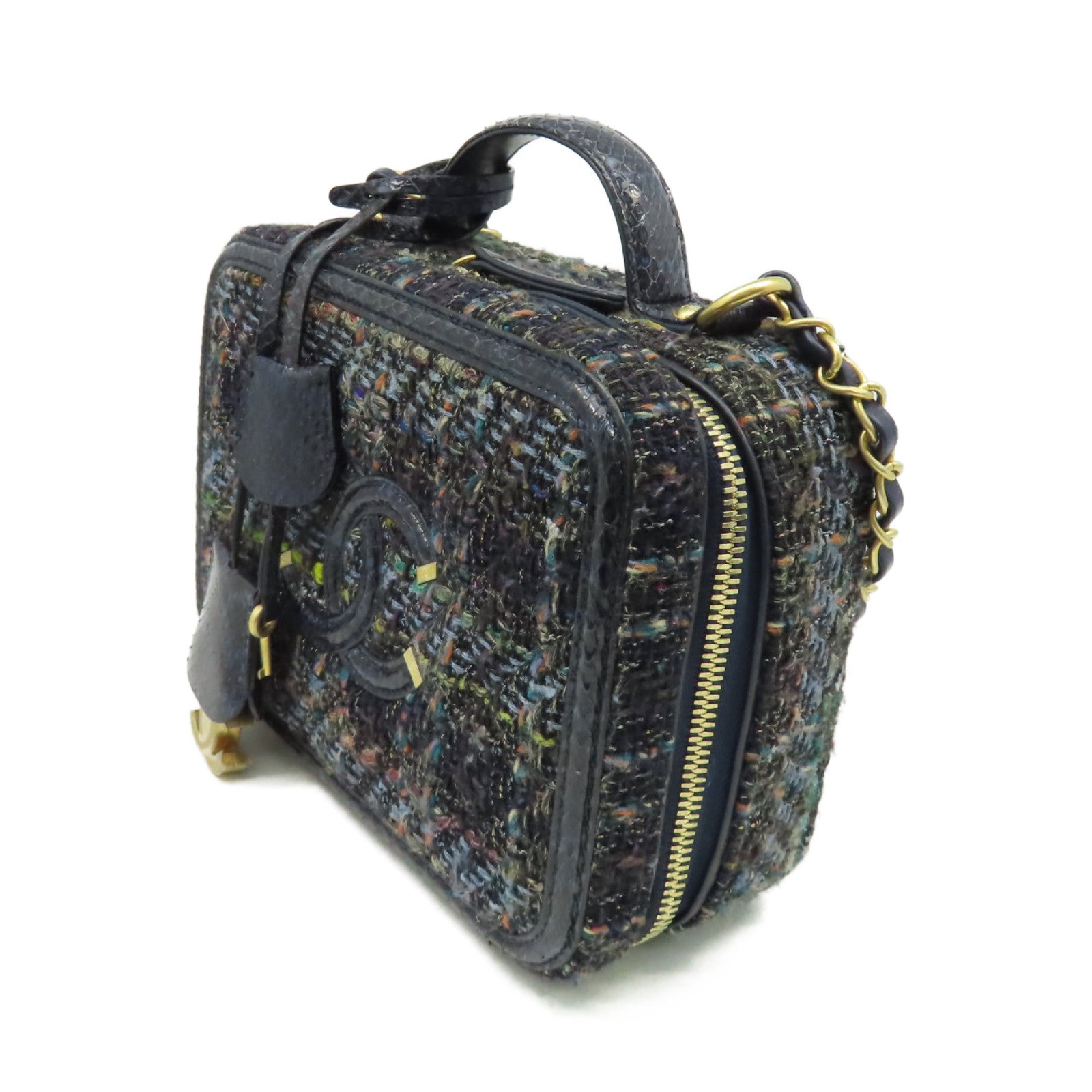 CHANEL 【激減優惠】斜紋軟呢/蛇皮皮革Vanity Case Medium 2Way Shoulder Bag金扣鏈帶手挽肩背兩用袋深藍色