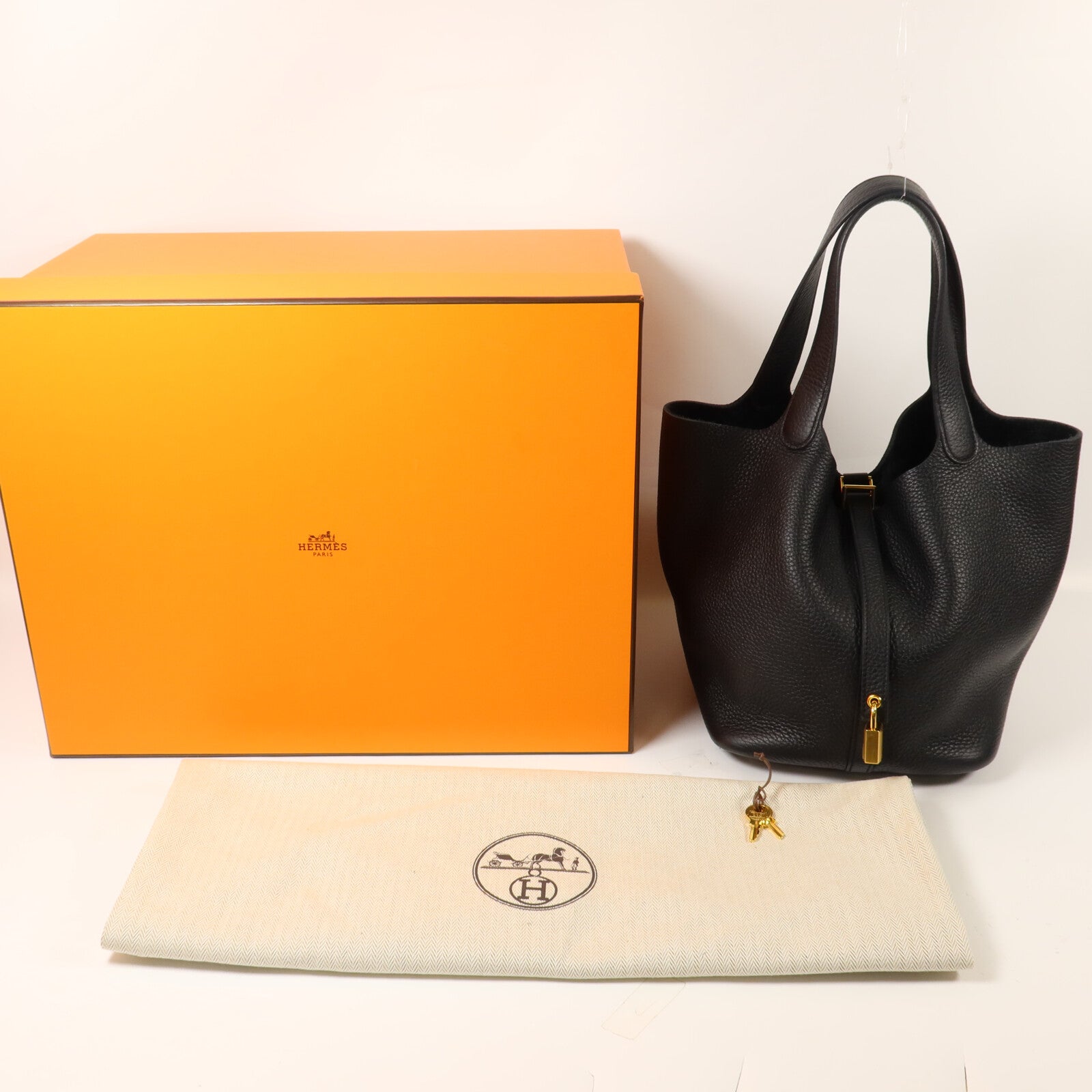 HERMES Clemence皮革Picotin MM扣手挽袋Noir