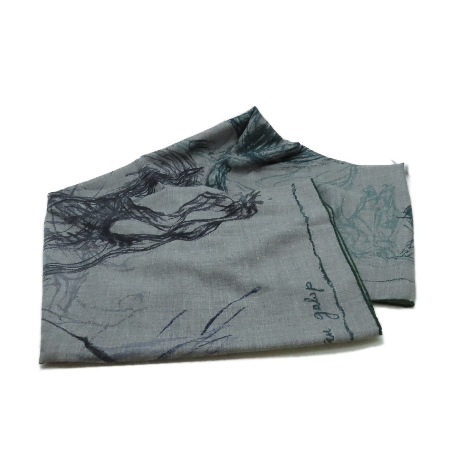 HERMES Cashmere/絲質 Scarf圍巾灰色/綠色