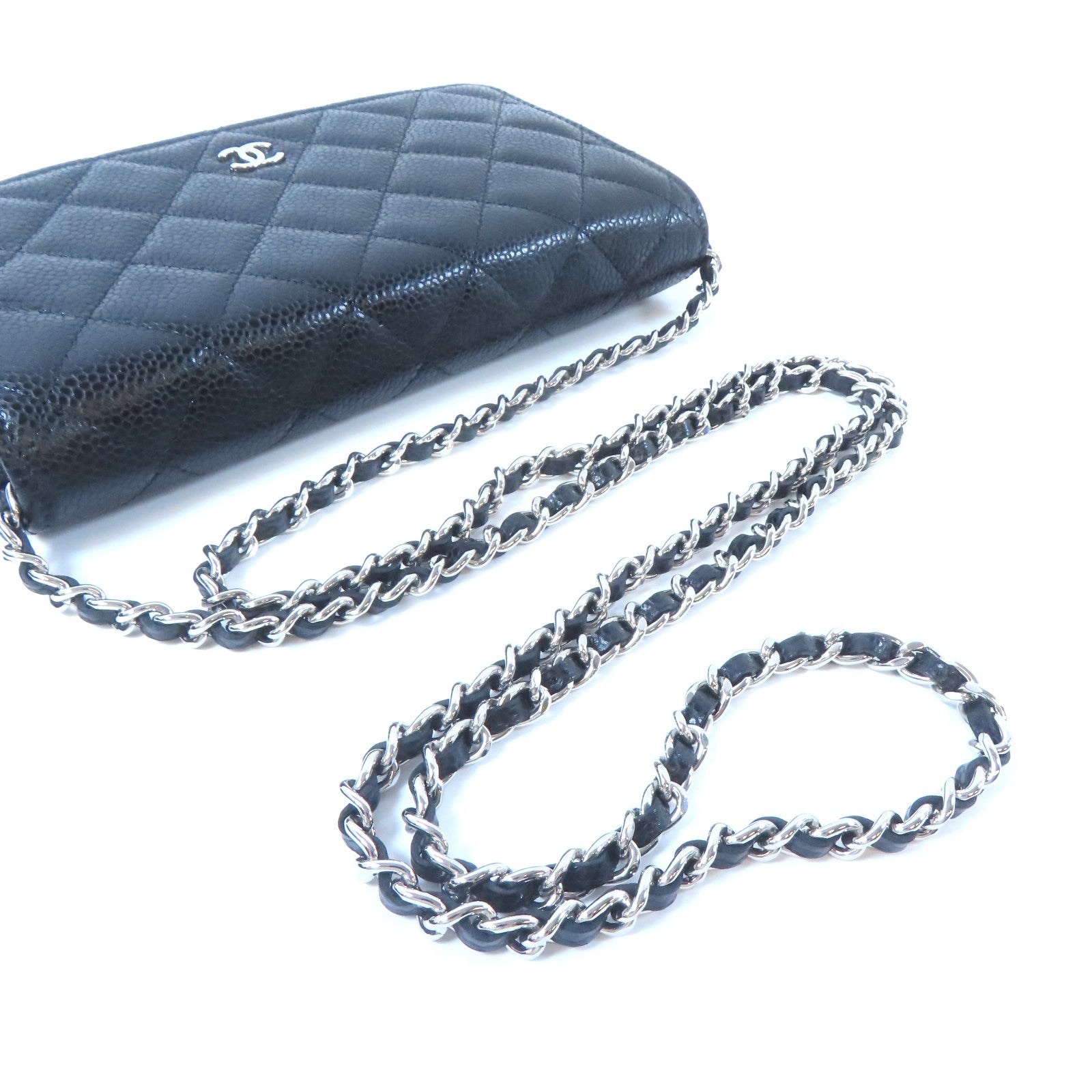 CHANEL 菱格Caviar皮革WOC銀扣鏈帶肩背袋黑色