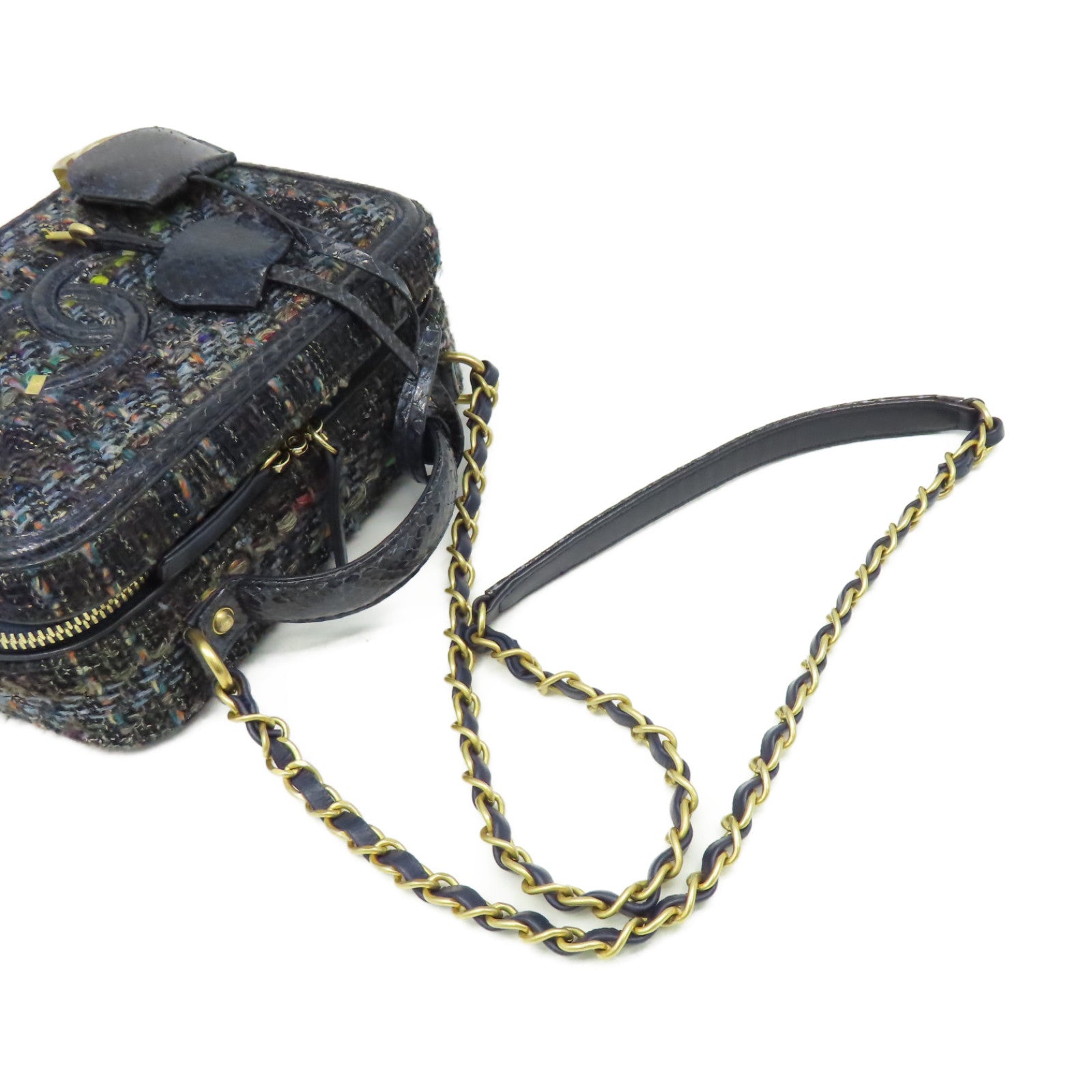 CHANEL 【激減優惠】斜紋軟呢/蛇皮皮革Vanity Case Medium 2Way Shoulder Bag金扣鏈帶手挽肩背兩用袋深藍色