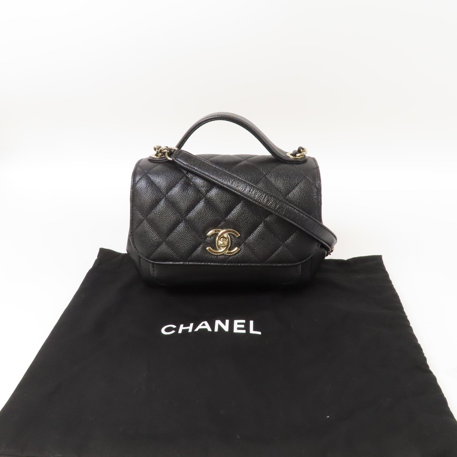 CHANEL 菱格Caviar皮革Chain Shoulder金扣鏈帶手挽肩背兩用袋黑色