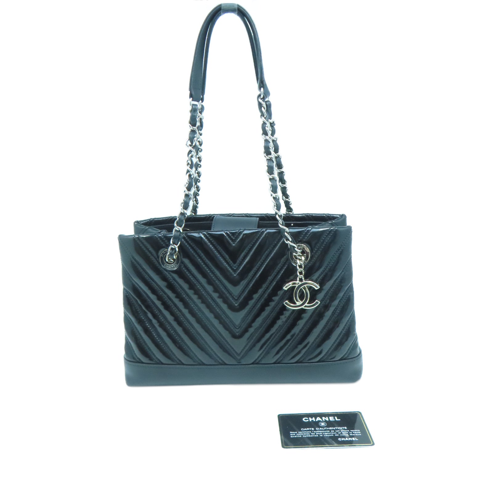 CHANEL **【激減優惠】斜紋漆皮皮革Chain Shoulder銀扣鏈帶肩背袋黑色
