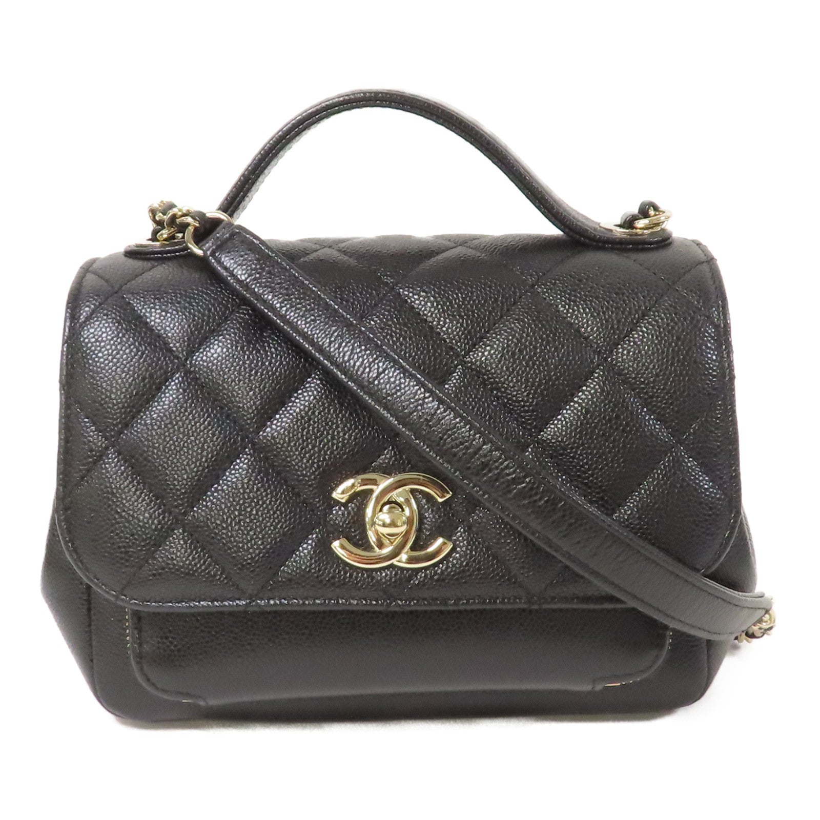 CHANEL 菱格Caviar皮革Chain Shoulder金扣鏈帶手挽肩背兩用袋黑色