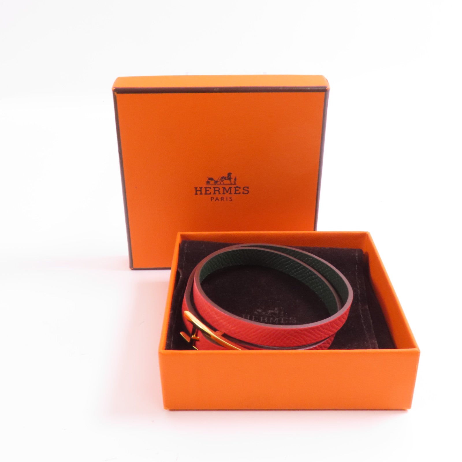 HERMES Epsom皮革Behapi Double Tour金扣手帶Rouge Casaque