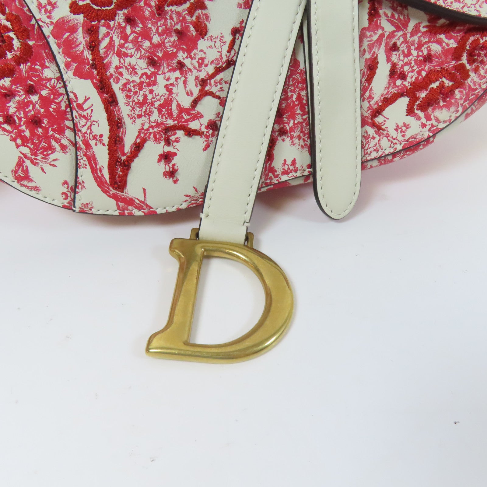 Dior 牛皮皮革Saddle金扣手挽袋白色/紅色