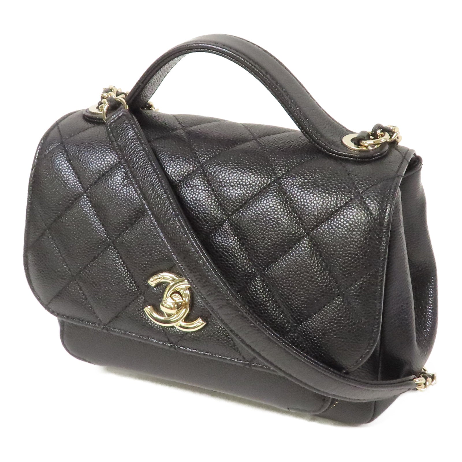 CHANEL 菱格Caviar皮革Chain Shoulder金扣鏈帶手挽肩背兩用袋黑色