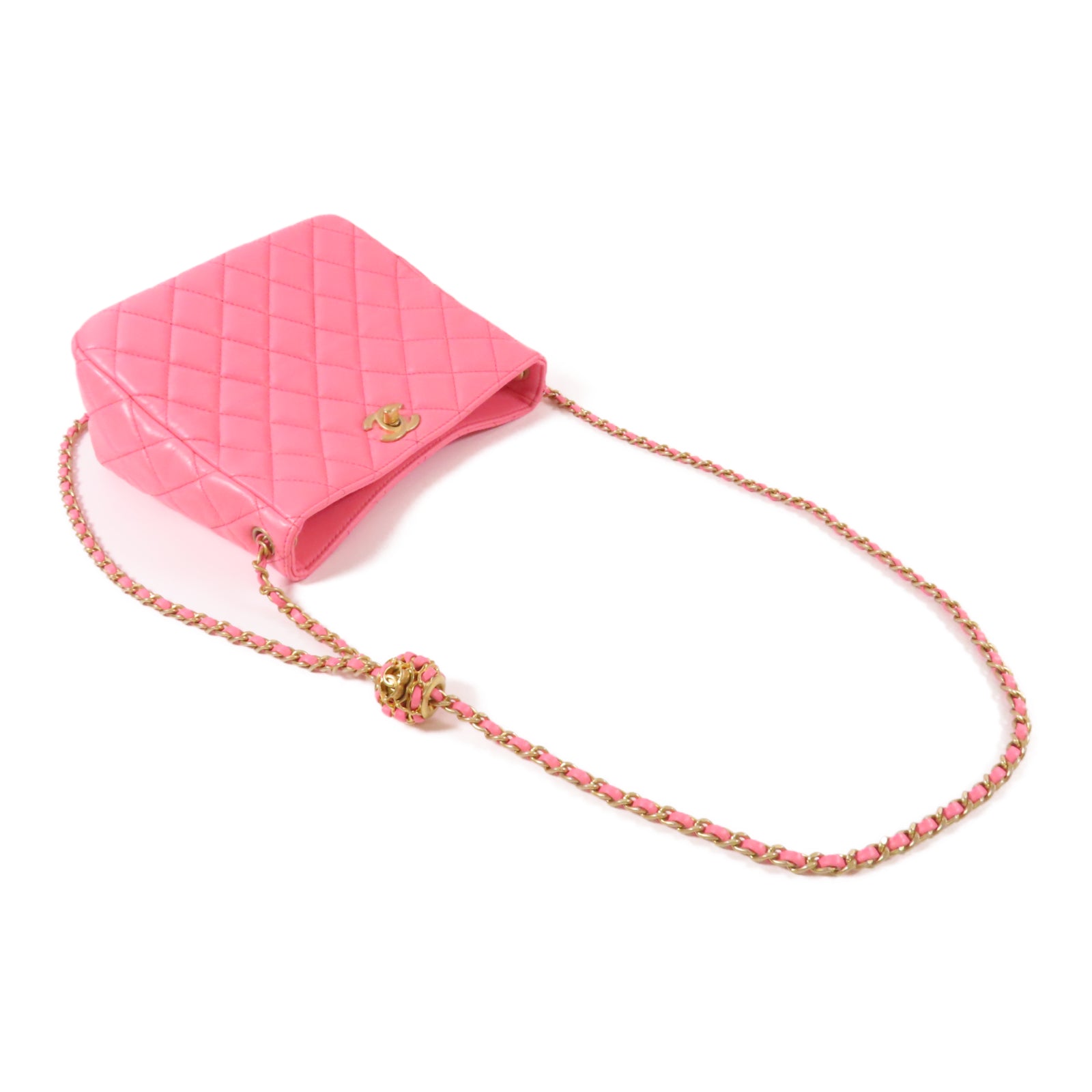 CHANEL 【激減優惠】菱格羊皮皮革Chain Shoulder金扣鏈帶肩背袋粉紅色