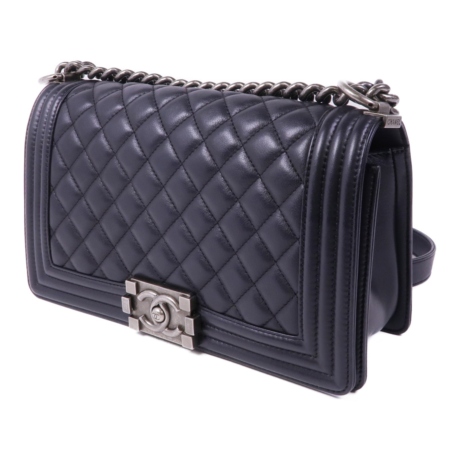 CHANEL 羊皮皮革Boy 25銀扣鏈帶肩背袋