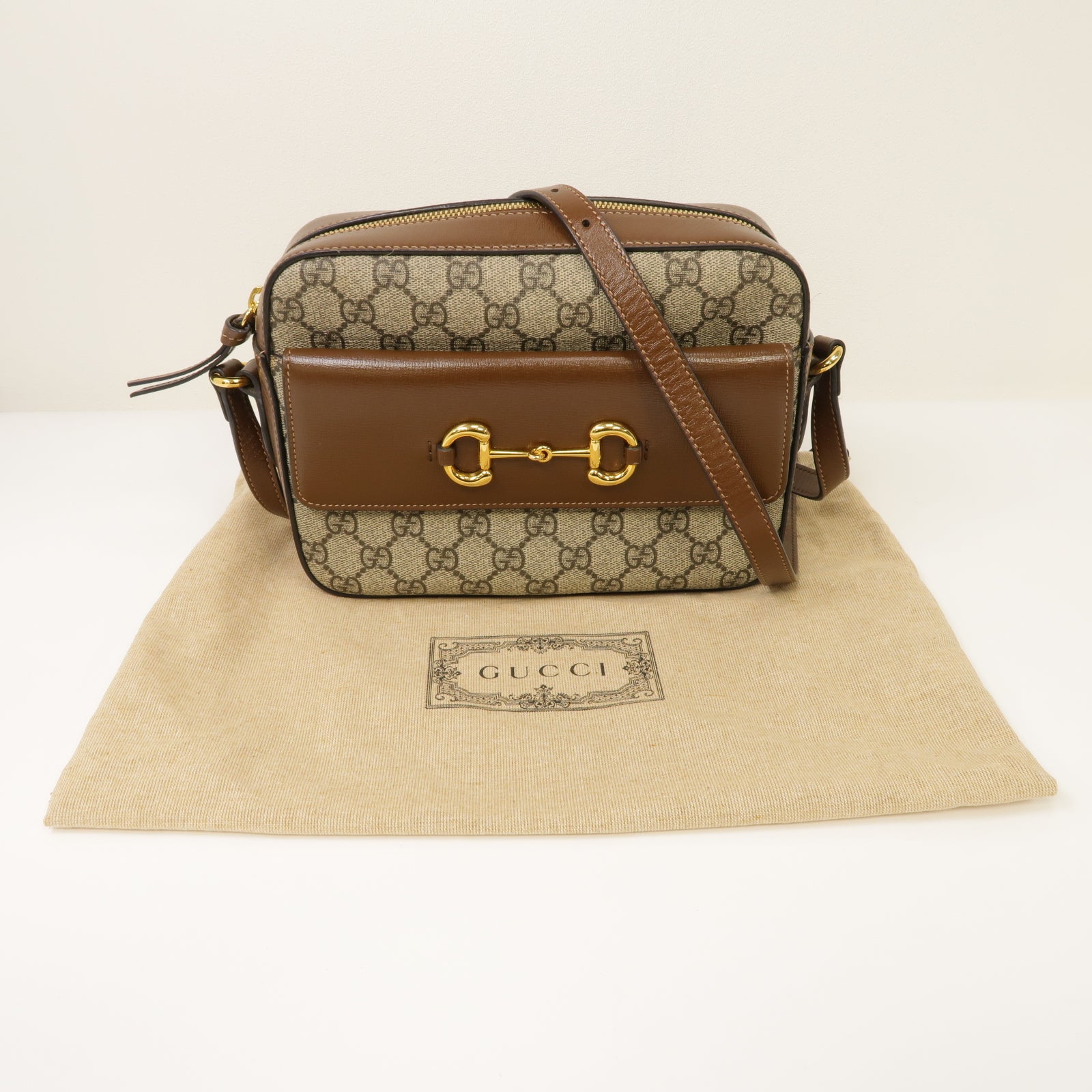 GUCCI 塗層帆布Horsebit 1955 small金扣肩背袋棕色