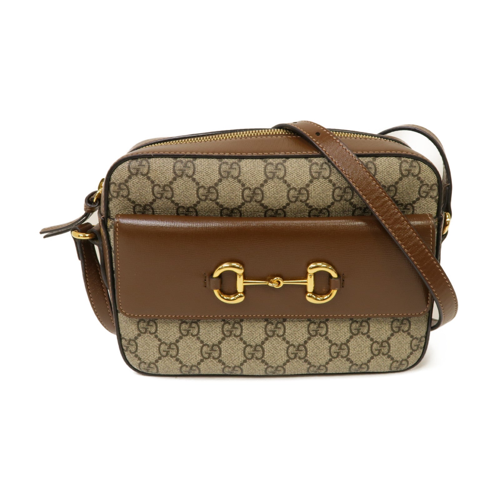 GUCCI 塗層帆布Horsebit 1955 small金扣肩背袋棕色