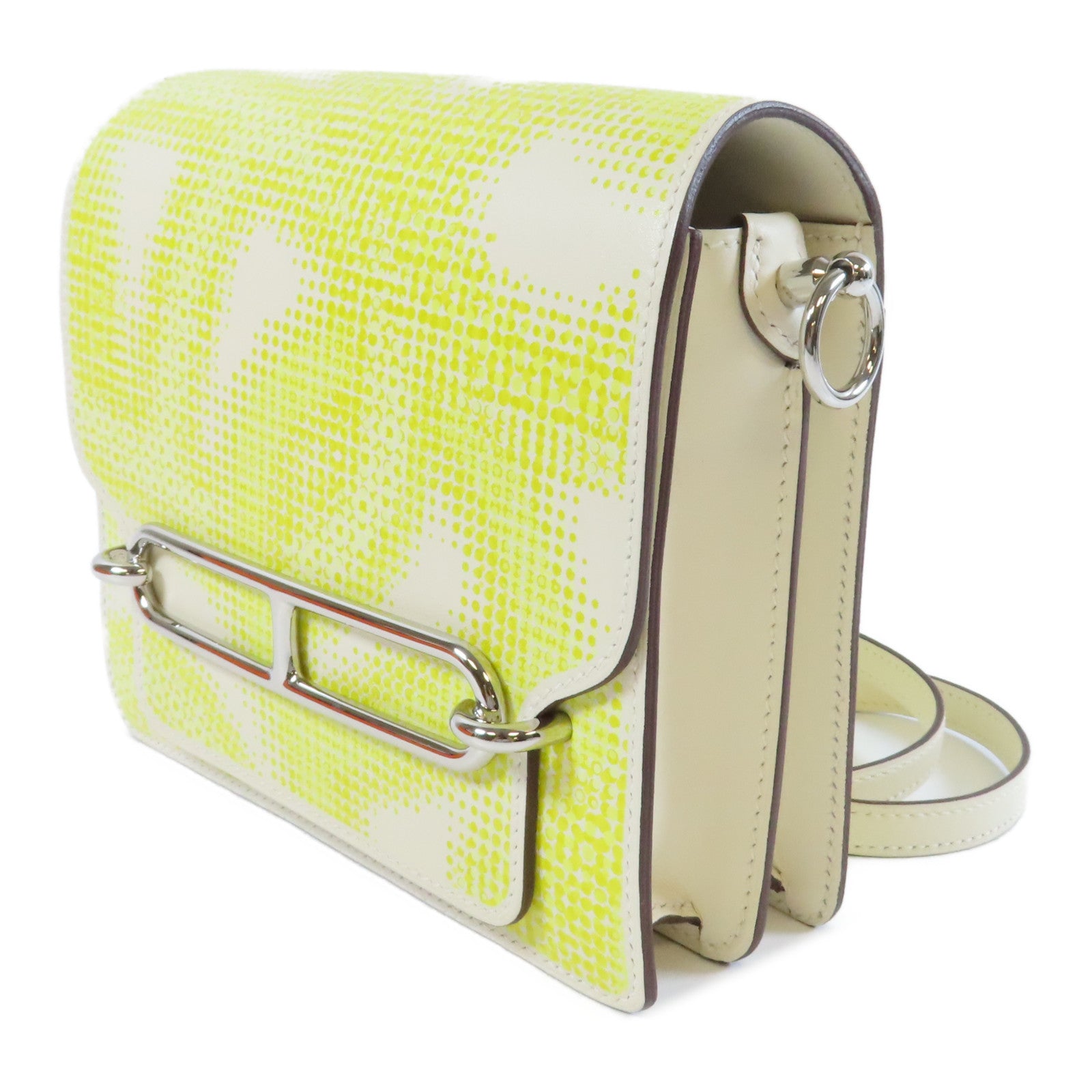 HERMES 【激減優惠】Swift皮革Mini Roulis Circuit銀扣肩背袋Nata奶油白色/Lime萊姆色