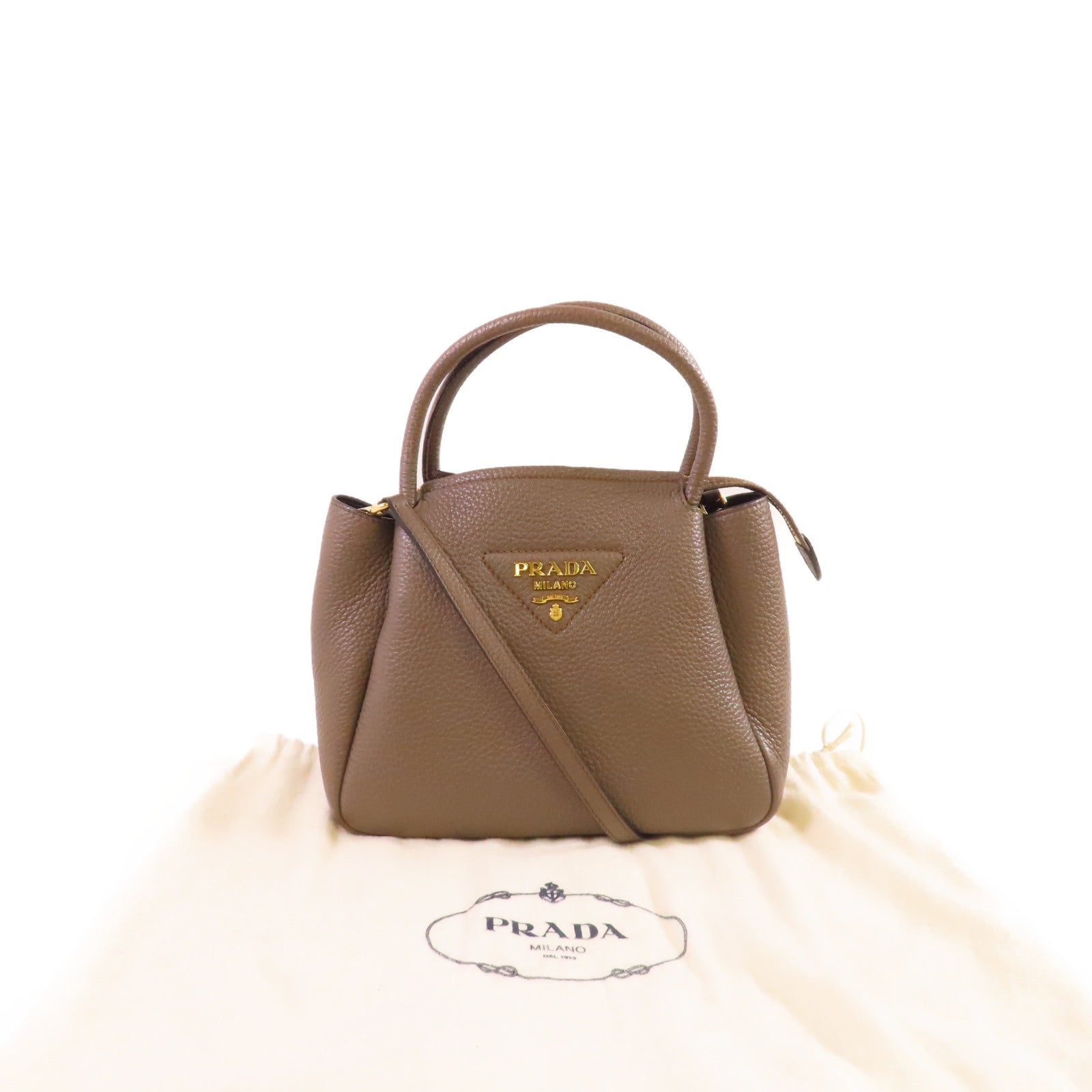 PRADA 牛皮皮革2Way Shoulder Bag金扣手挽肩背兩用袋灰啡色