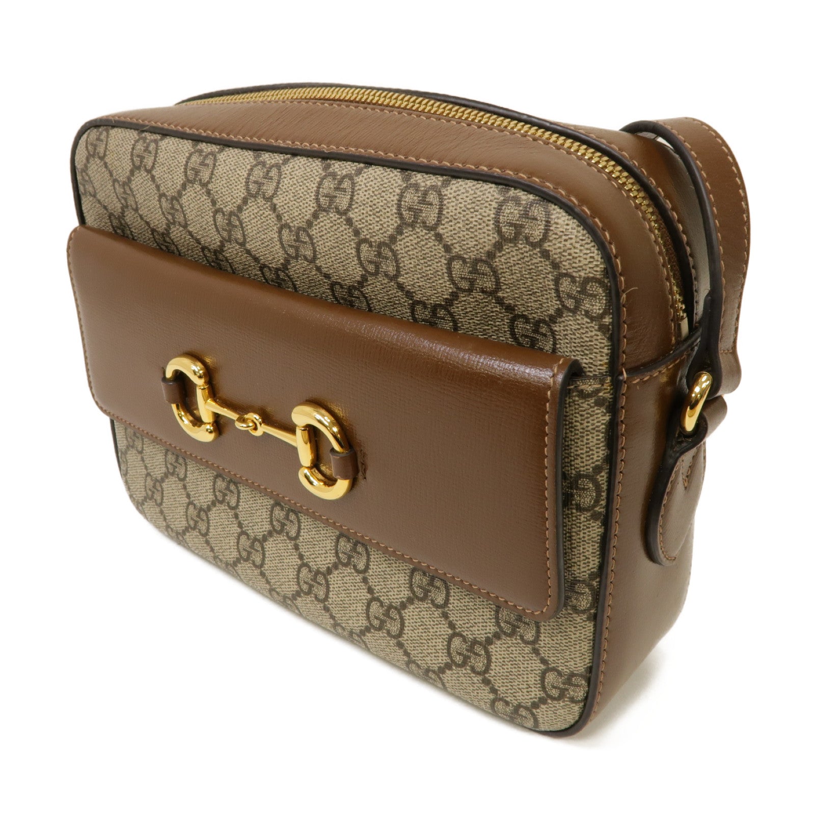 GUCCI 塗層帆布Horsebit 1955 small金扣肩背袋棕色