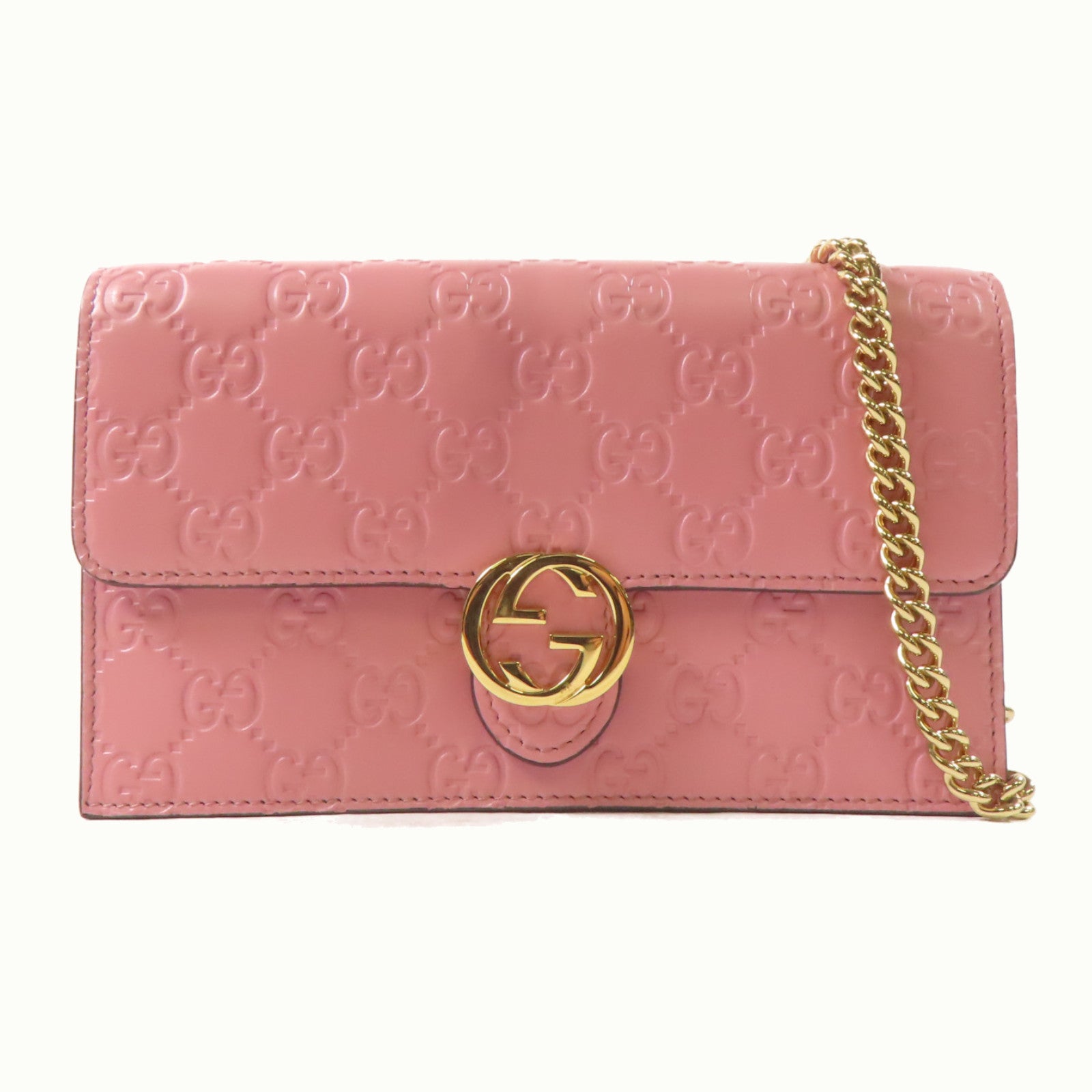 GUCCI 牛皮皮Wallet On Chain金扣鏈帶肩背袋粉紅色