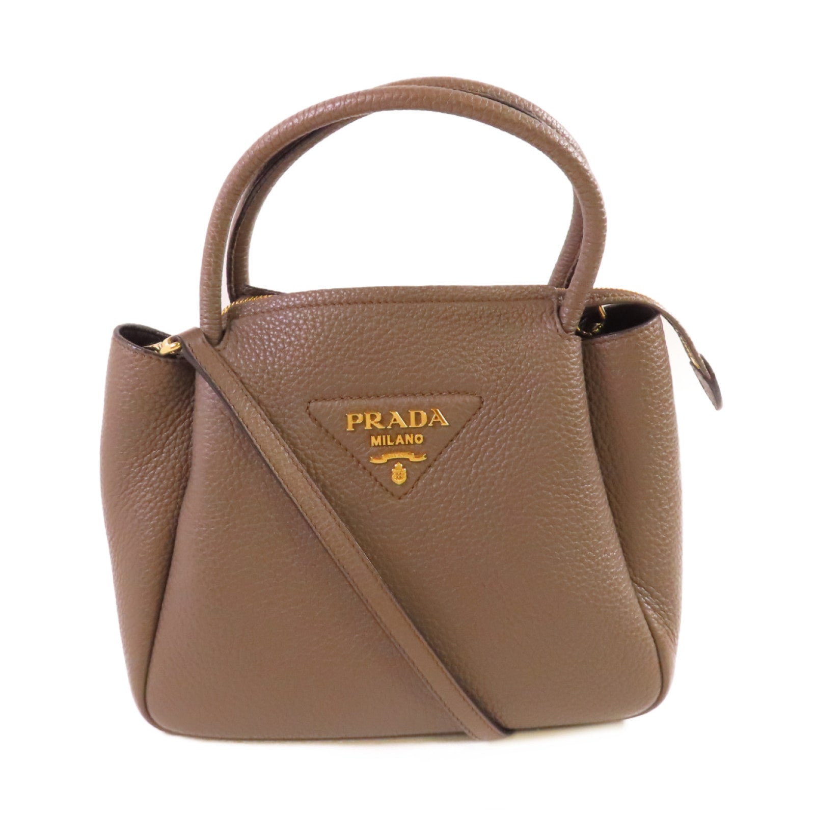 PRADA 牛皮皮革2Way Shoulder Bag金扣手挽肩背兩用袋灰啡色
