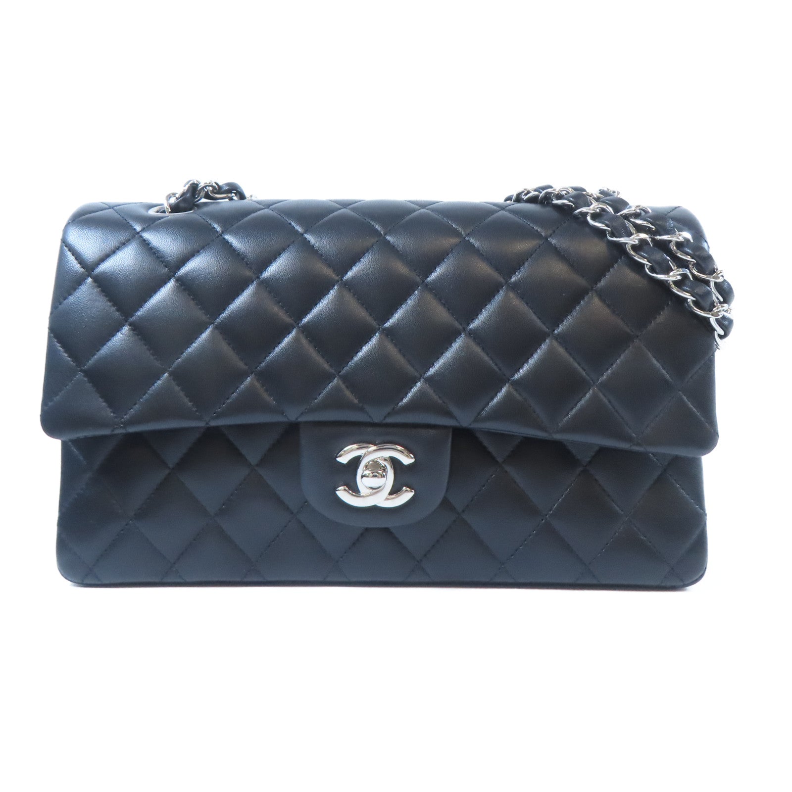 CHANEL 菱格羊皮皮革Classic Flap 25銀扣鏈帶肩背袋黑色