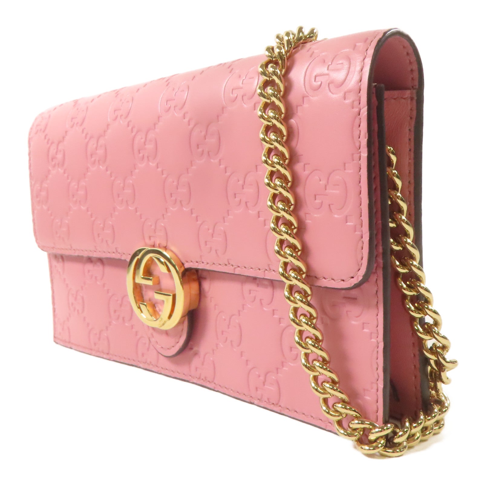 GUCCI 牛皮皮Wallet On Chain金扣鏈帶肩背袋粉紅色