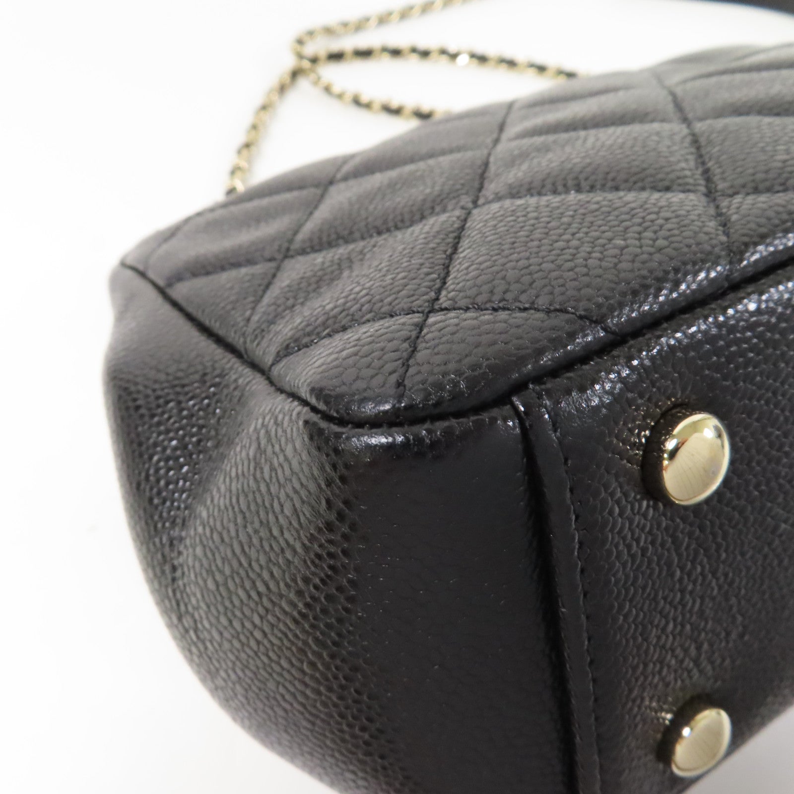 CHANEL 菱格Caviar皮革Chain Shoulder金扣鏈帶手挽肩背兩用袋黑色