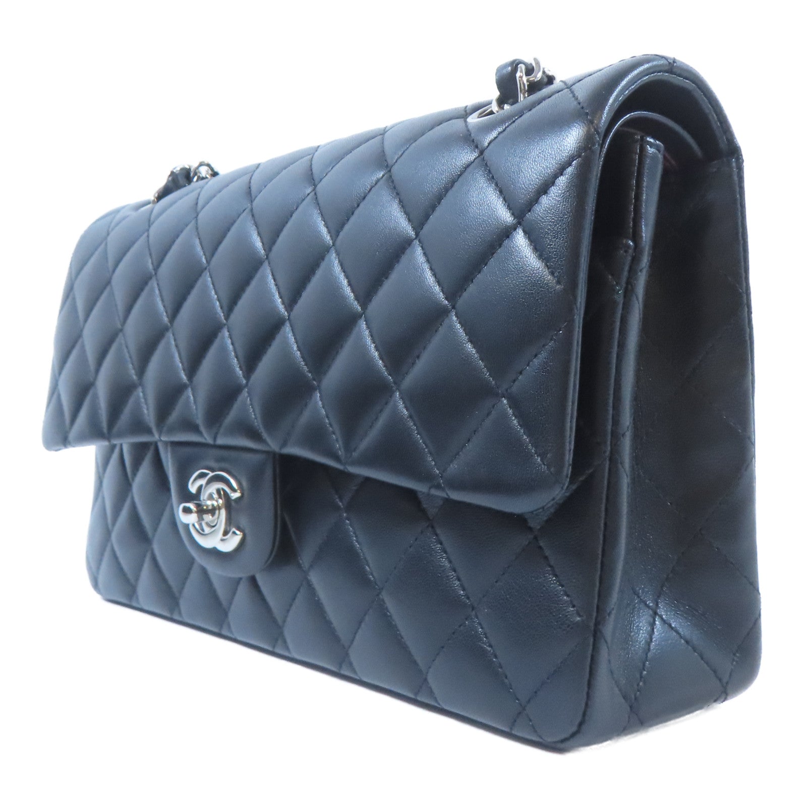CHANEL 菱格羊皮皮革Classic Flap 25銀扣鏈帶肩背袋黑色