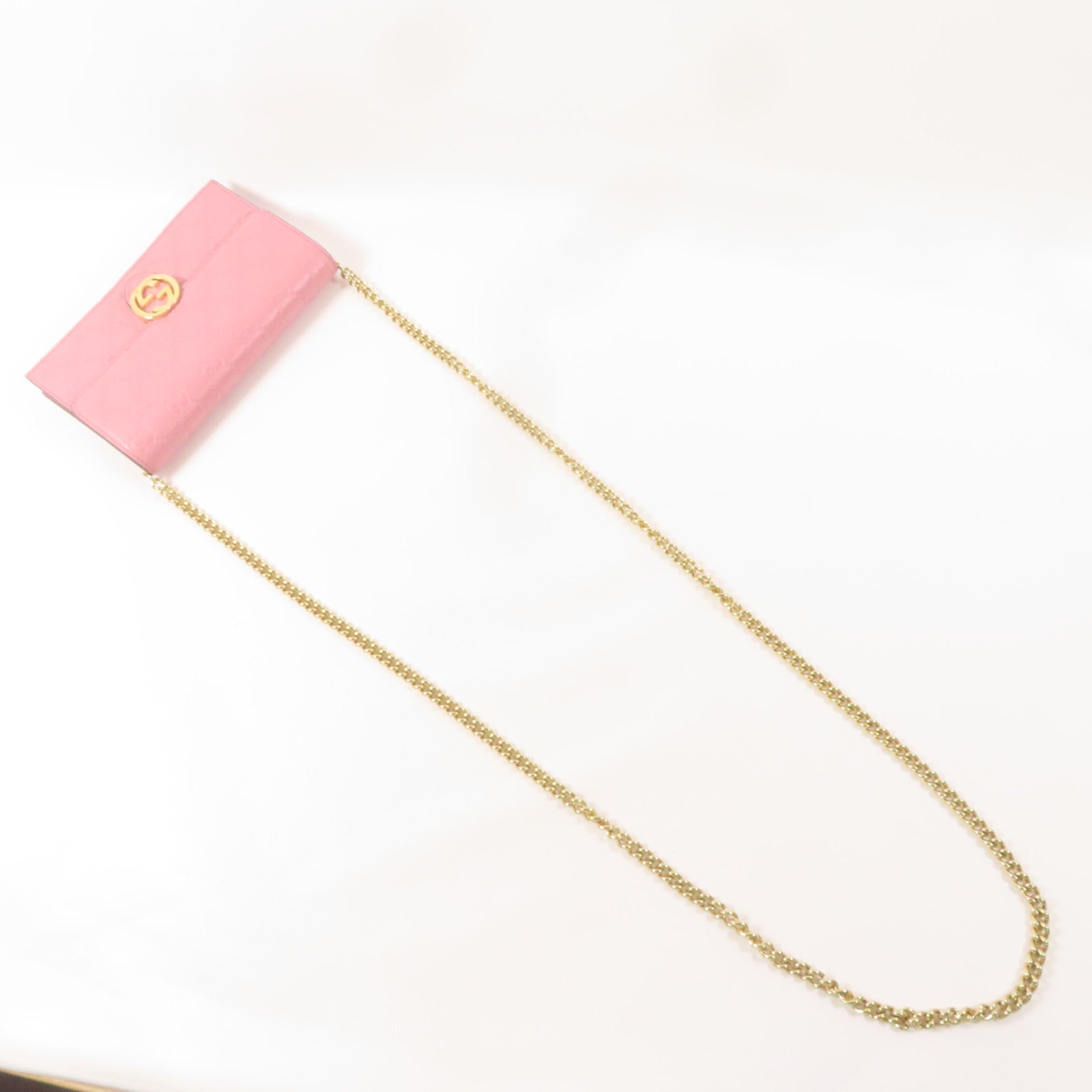 GUCCI 牛皮皮Wallet On Chain金扣鏈帶肩背袋粉紅色