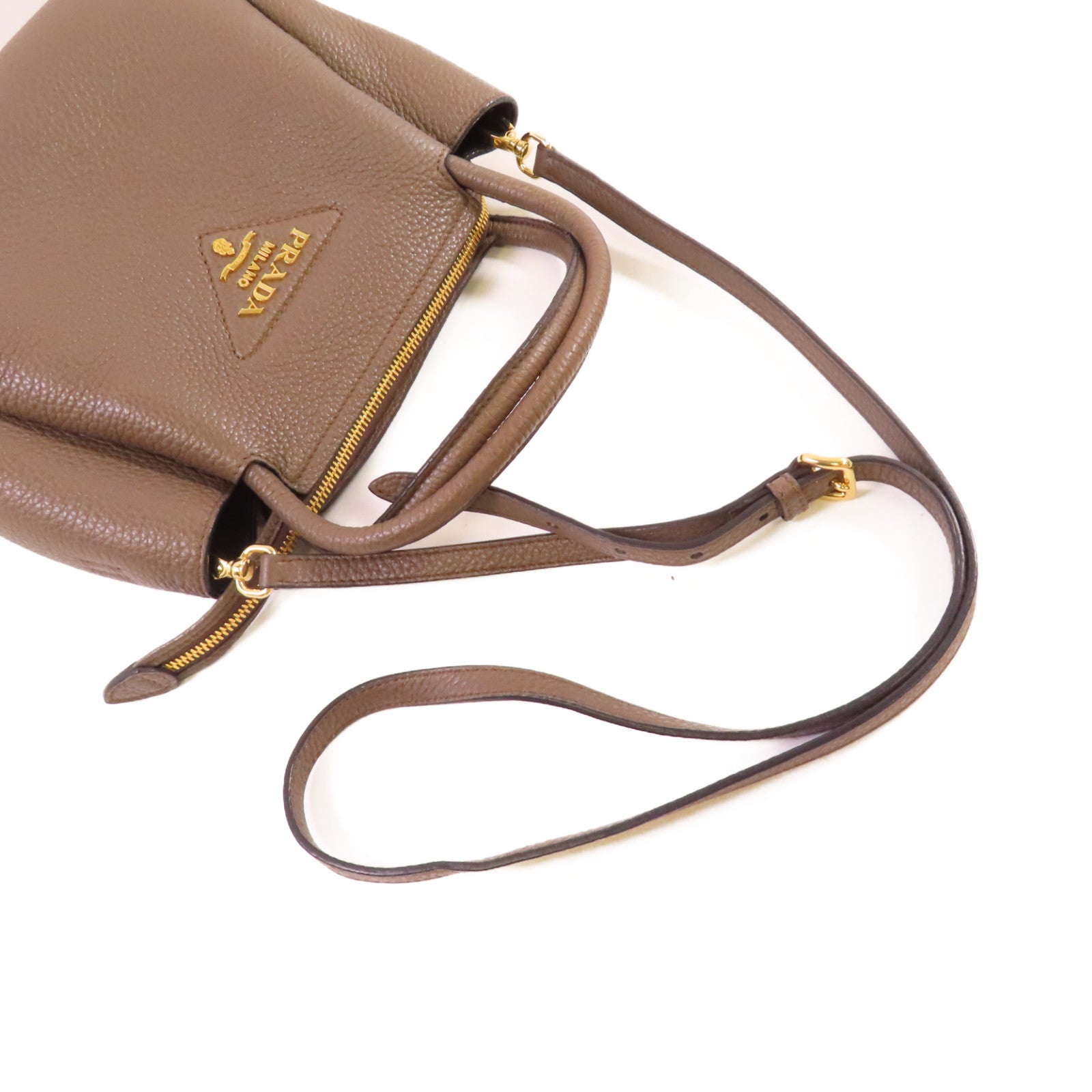 PRADA 牛皮皮革2Way Shoulder Bag金扣手挽肩背兩用袋灰啡色