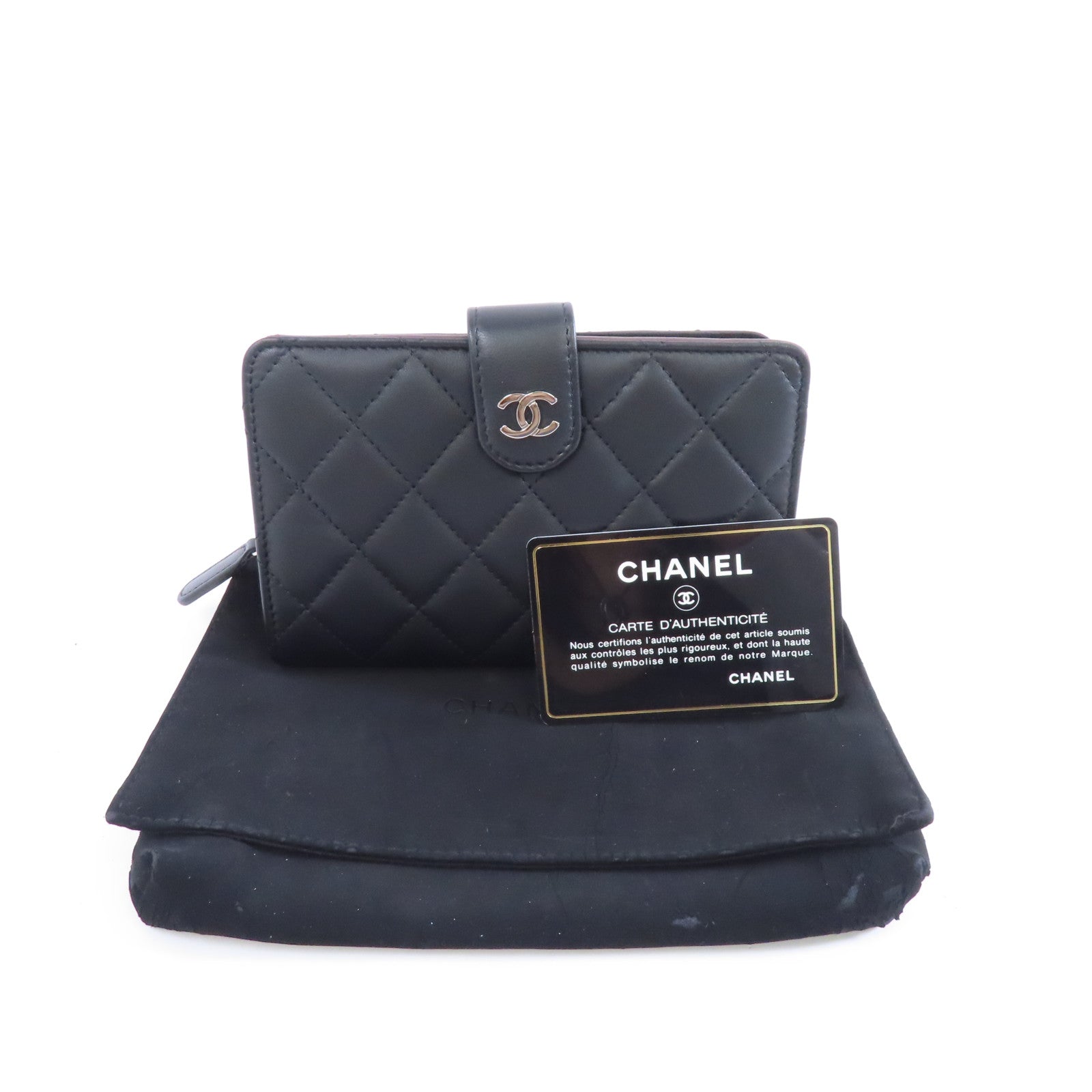 CHANEL 菱格牛皮皮革Wallet銀扣折疊錢包黑色