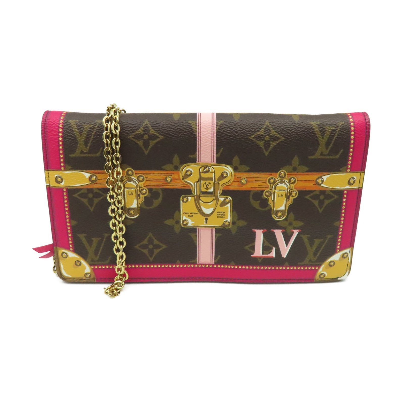 LOUIS VUITTON 【激減優惠】Monogram Pochette Weekend Wallet On Chain Shoulder Bag金扣鏈帶肩背袋啡色/粉紅色