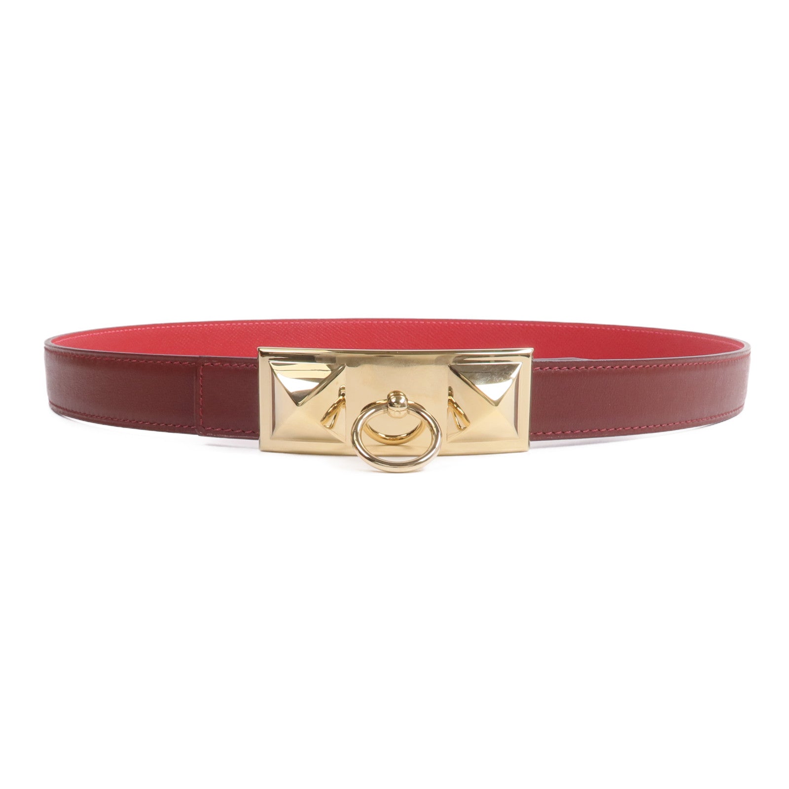 HERMES Epsom/Swift皮革Rivale Reversible腰帶Rouge Casaque