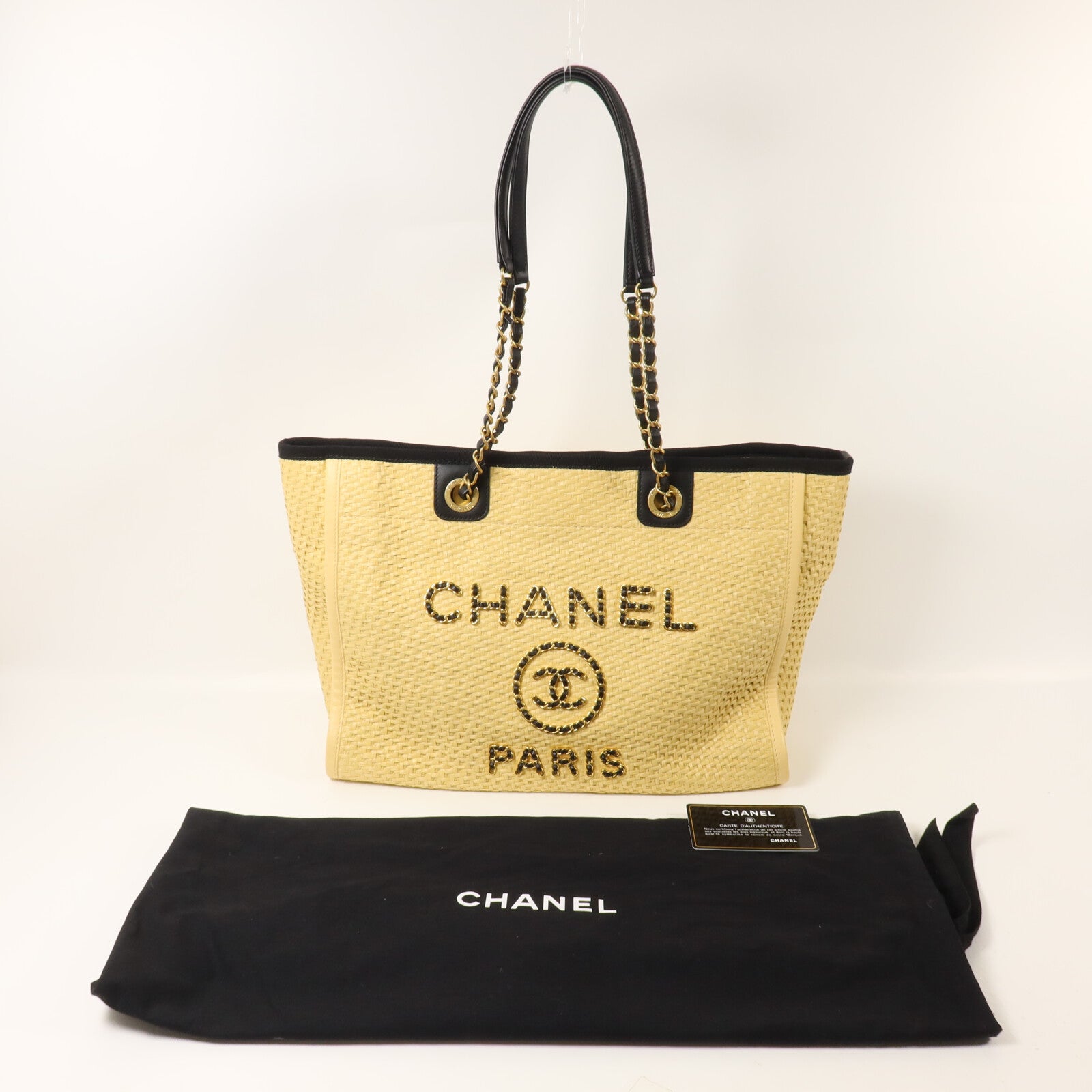 CHANEL Raffia/牛皮皮革Deauville Tote鏈帶手挽袋