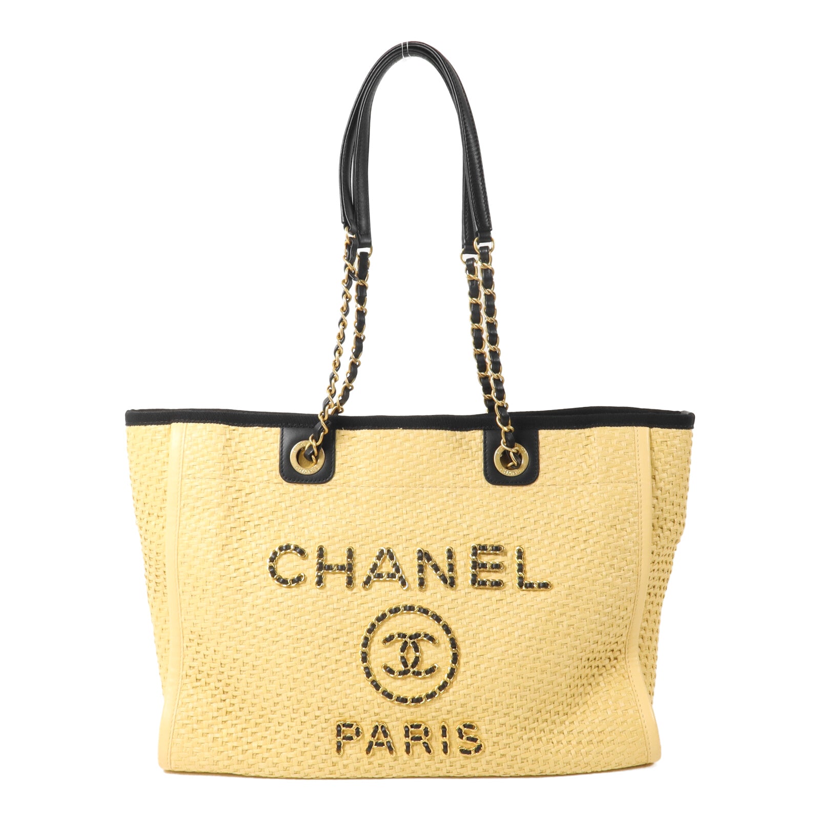 CHANEL Raffia/牛皮皮革Deauville Tote鏈帶手挽袋