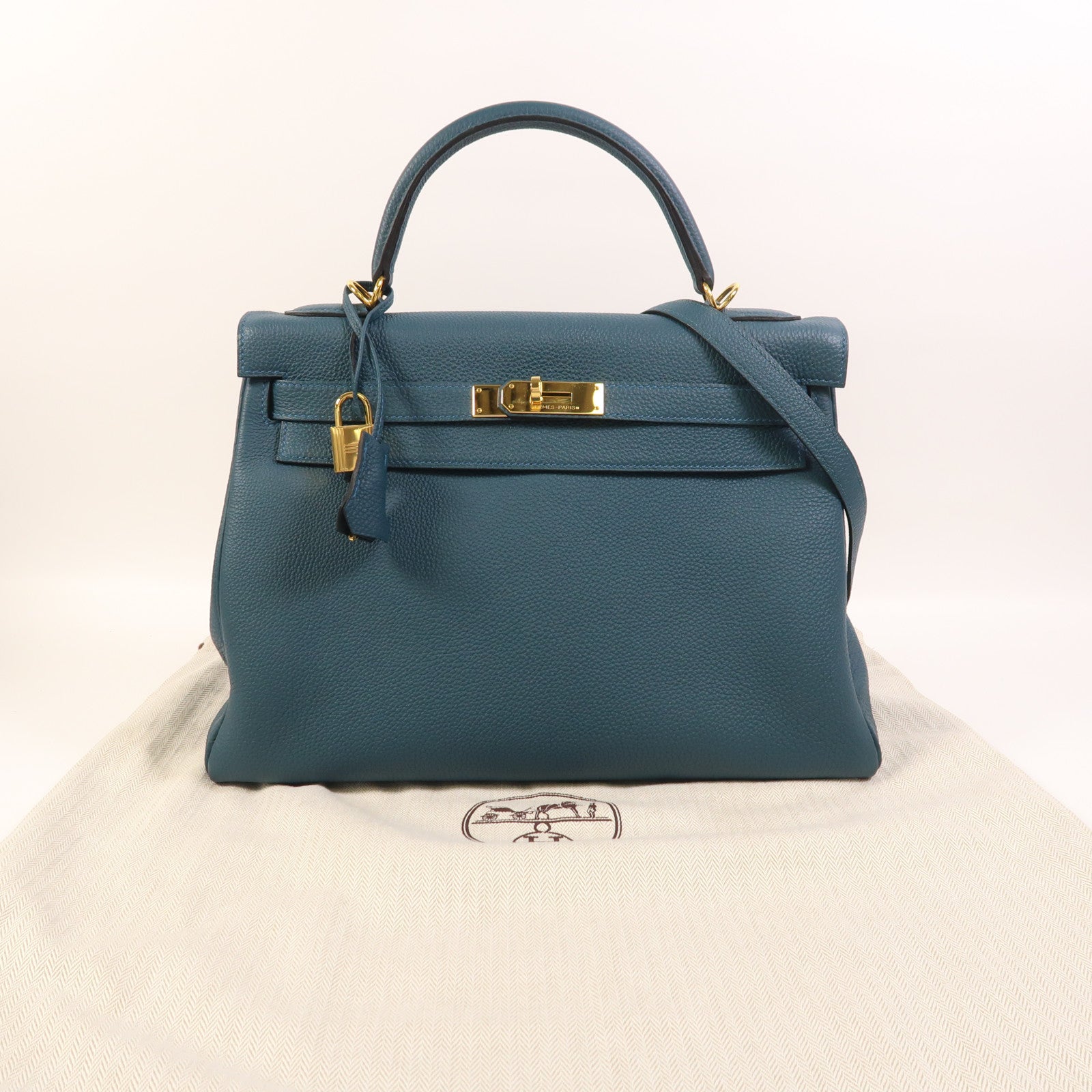 HERMES Epsom皮革Kelly 32金扣手挽肩背兩用袋Bleu Tempete