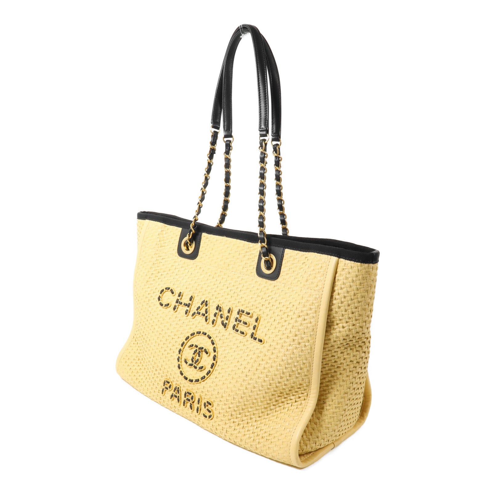 CHANEL Raffia/牛皮皮革Deauville Tote鏈帶手挽袋