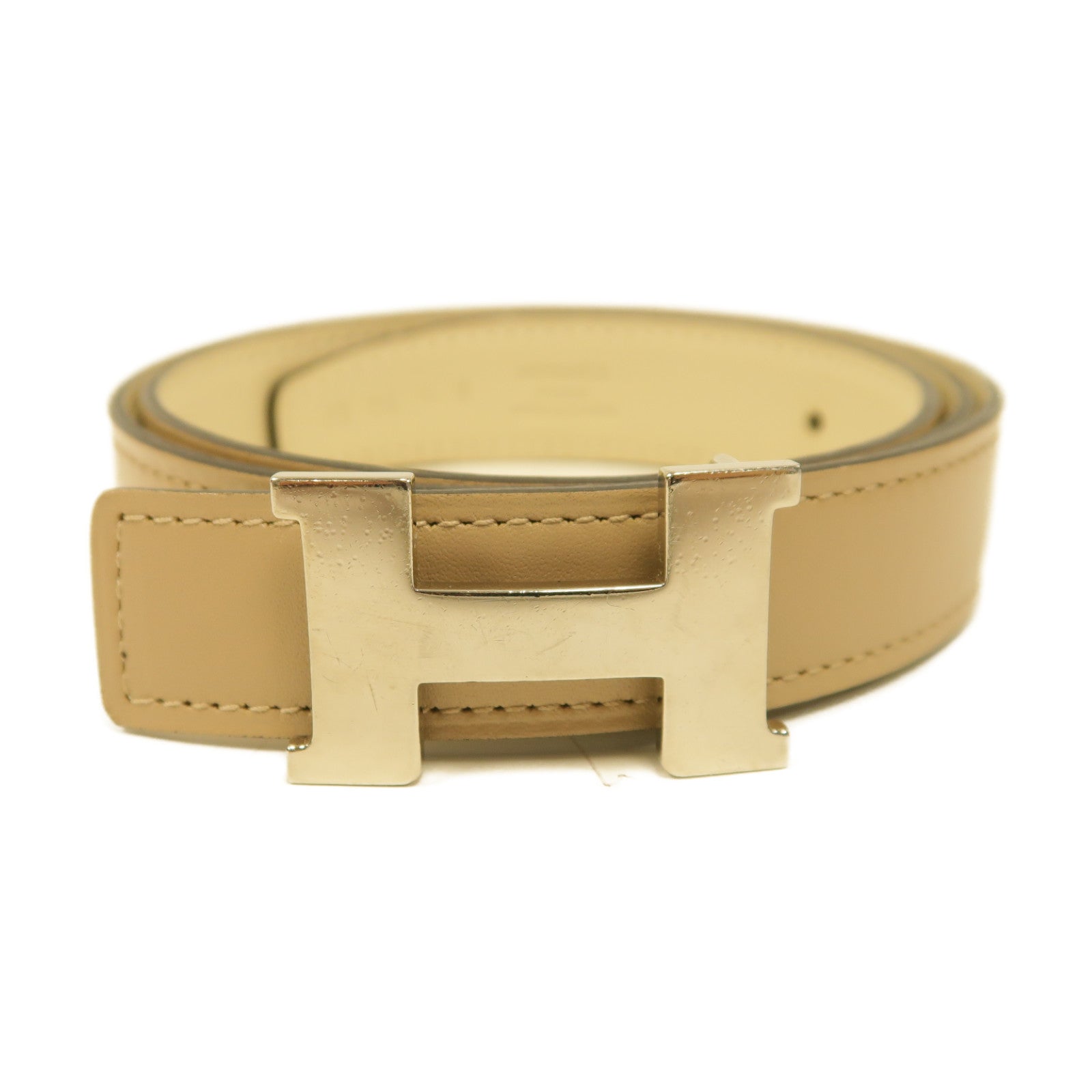 HERMES Swift皮革Belt 75cm銀扣皮帶米色