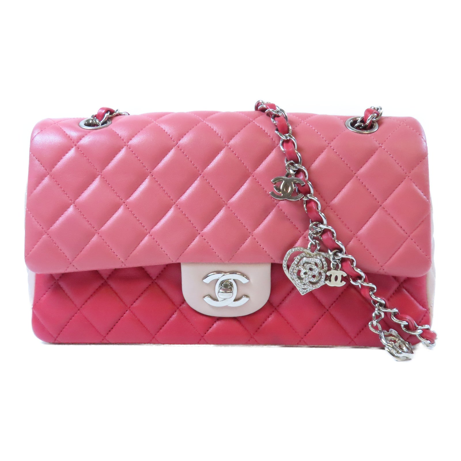 CHANEL 菱格羊皮皮革Valentine Hearts銀扣鏈帶肩背袋粉紅色/紅色
