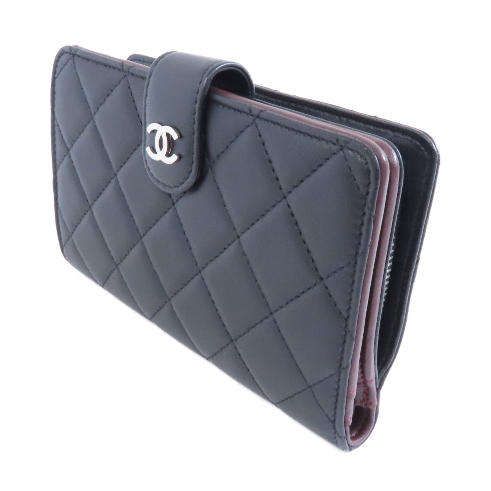 CHANEL 菱格牛皮皮革Wallet銀扣折疊錢包黑色