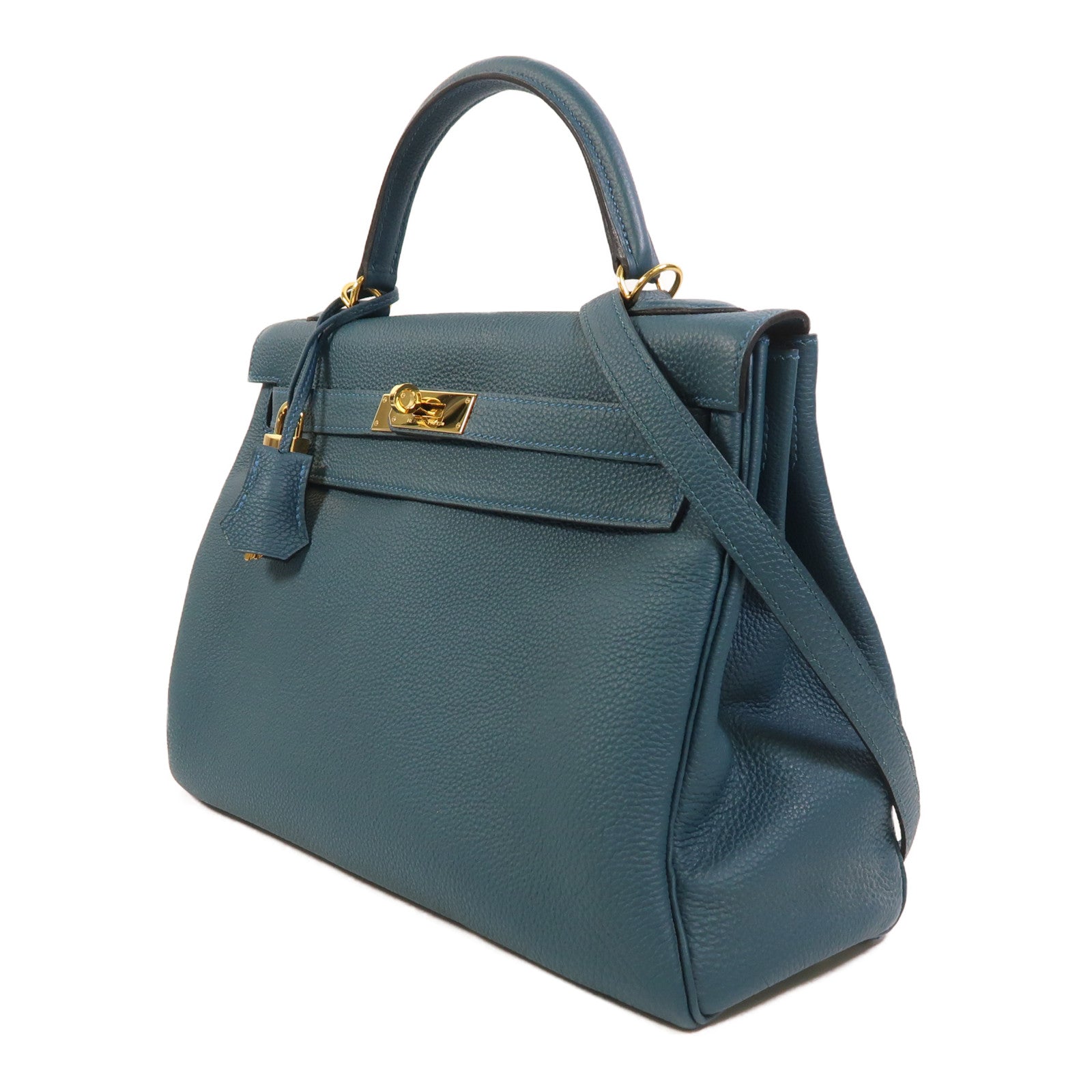 HERMES Epsom皮革Kelly 32金扣手挽肩背兩用袋Bleu Tempete