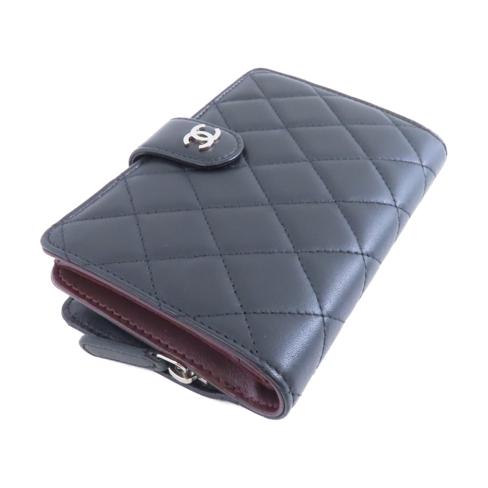 CHANEL 菱格牛皮皮革Wallet銀扣折疊錢包黑色