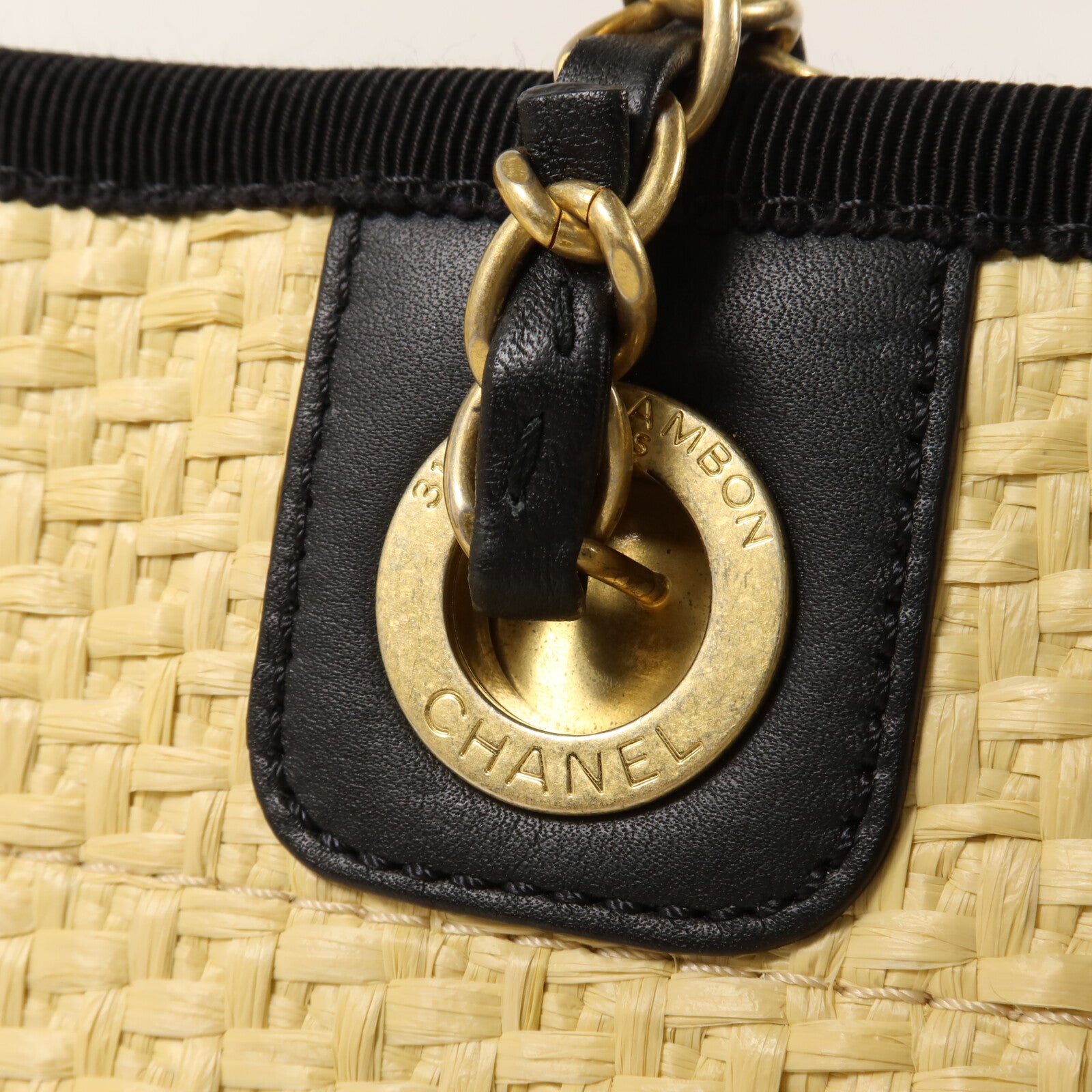 CHANEL Raffia/牛皮皮革Deauville Tote鏈帶手挽袋