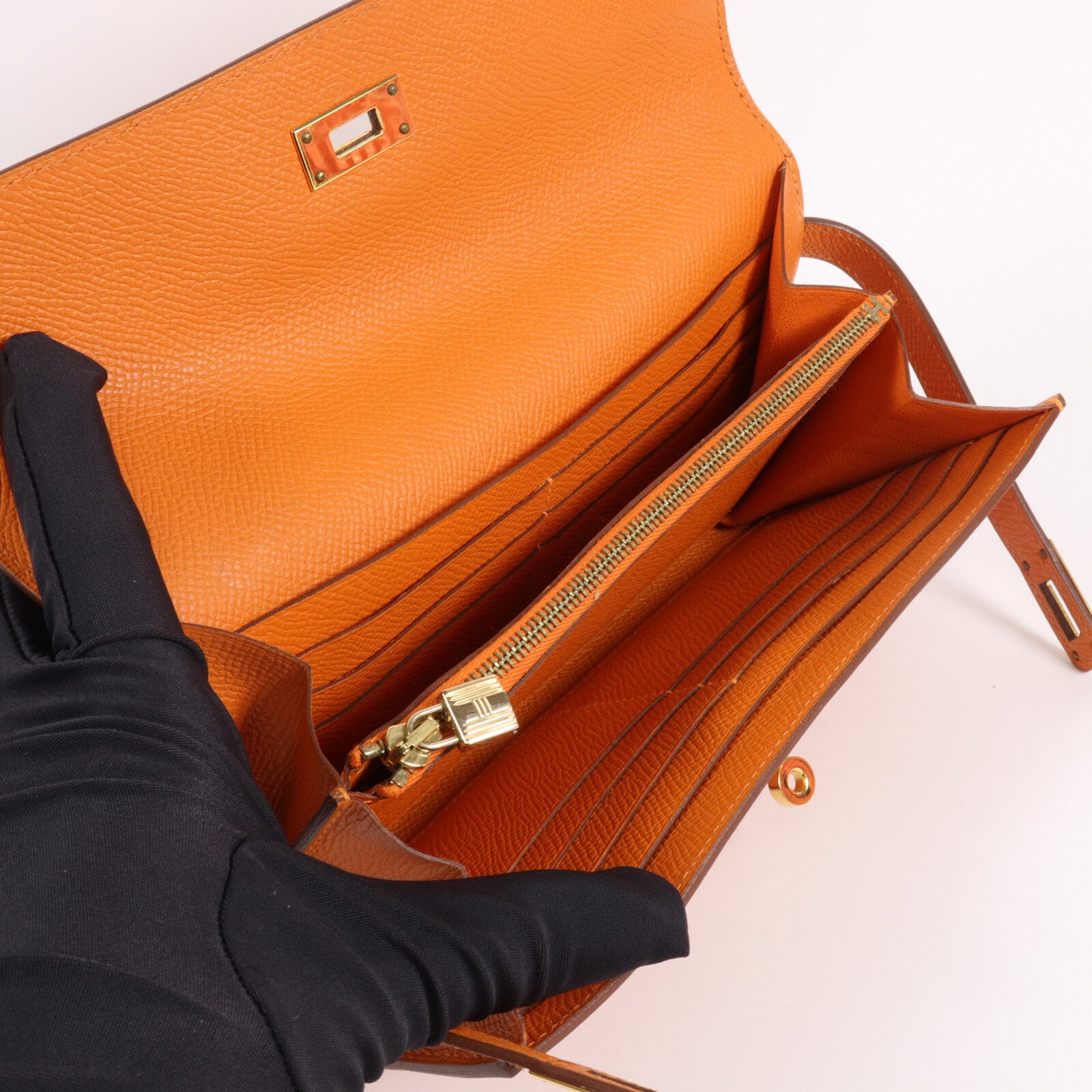 HERMES Epsom皮革Kelly Long Wallet長錢包Orange