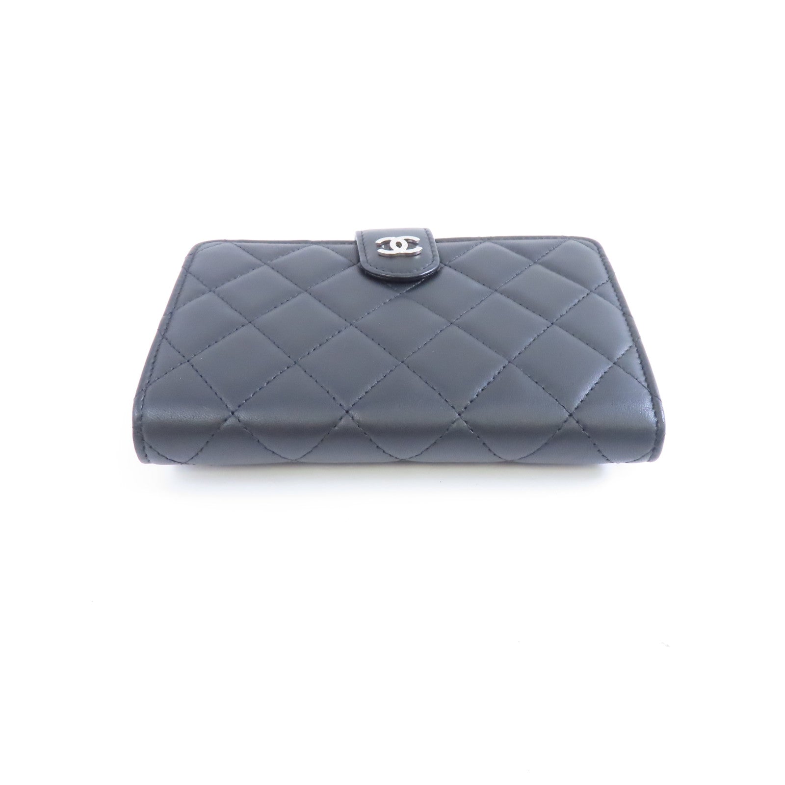 CHANEL 菱格牛皮皮革Wallet銀扣折疊錢包黑色