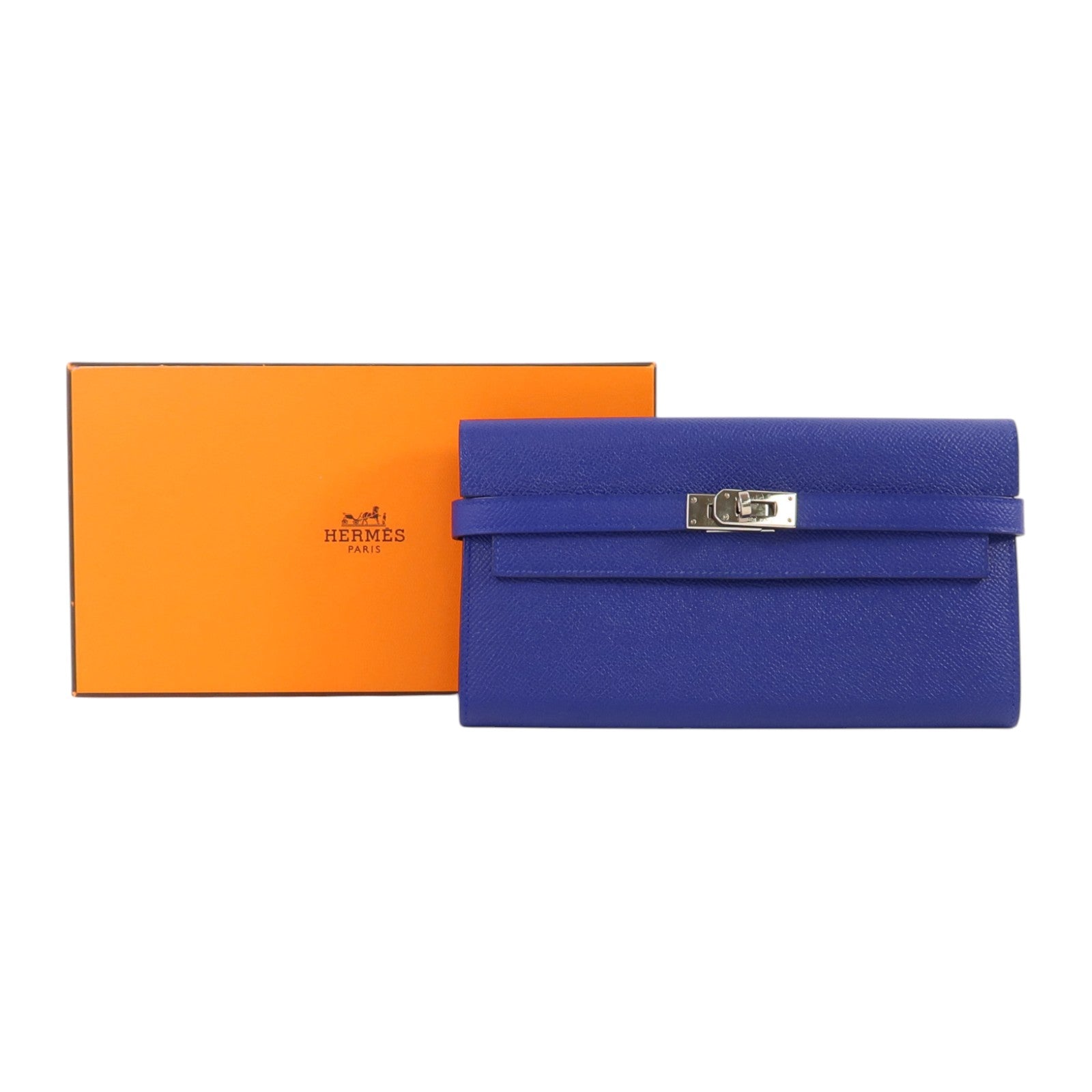HERMES Epsom皮革Kelly Wallet銀扣長錢包Bleu Electrique