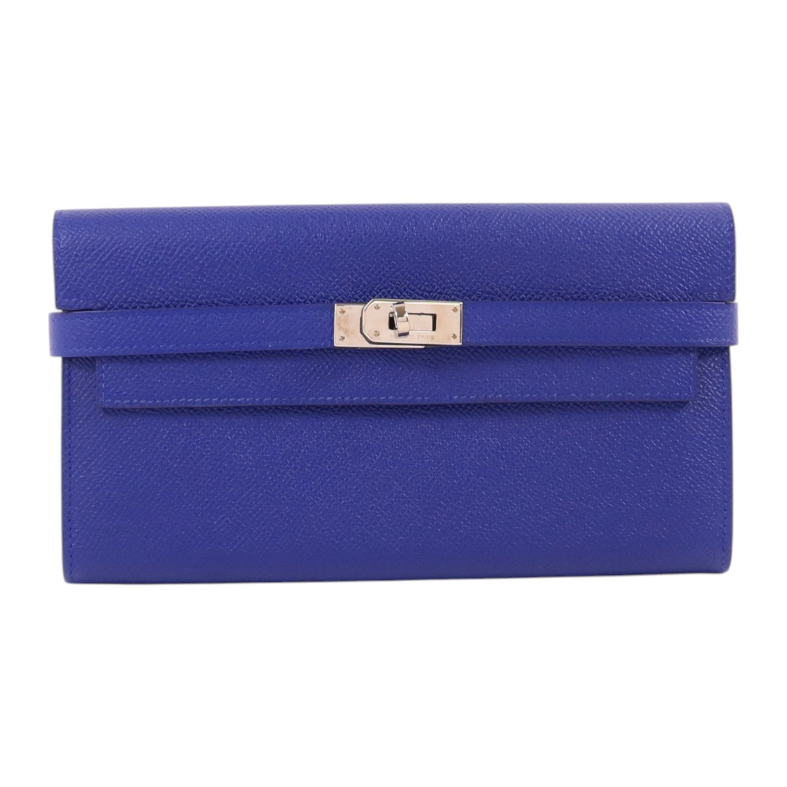 HERMES Epsom皮革Kelly Wallet銀扣長錢包Bleu Electrique
