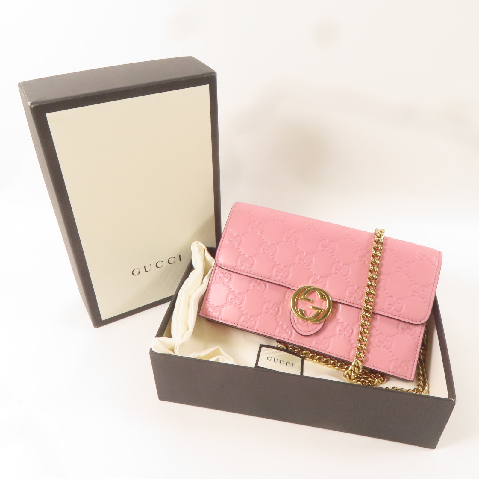 GUCCI 牛皮皮Wallet On Chain金扣鏈帶肩背袋粉紅色