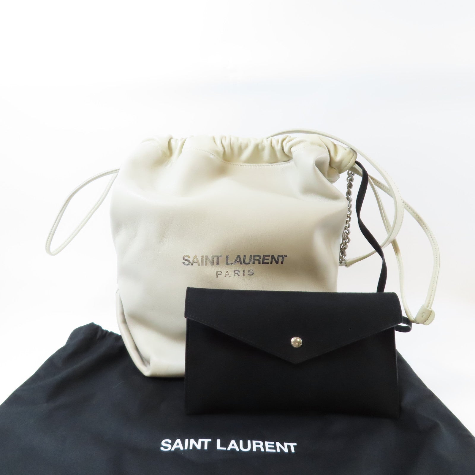 SAINT LAURENT 羊皮皮革Shoulder Bag銀扣肩背袋米色