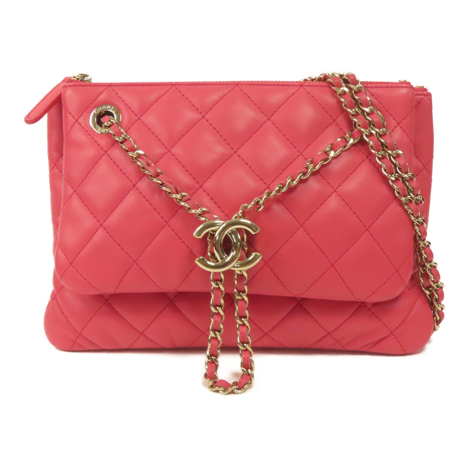 CHANEL 【激減優惠】菱格羊皮皮革Chain Shoulder Bag金扣肩背袋粉紅色